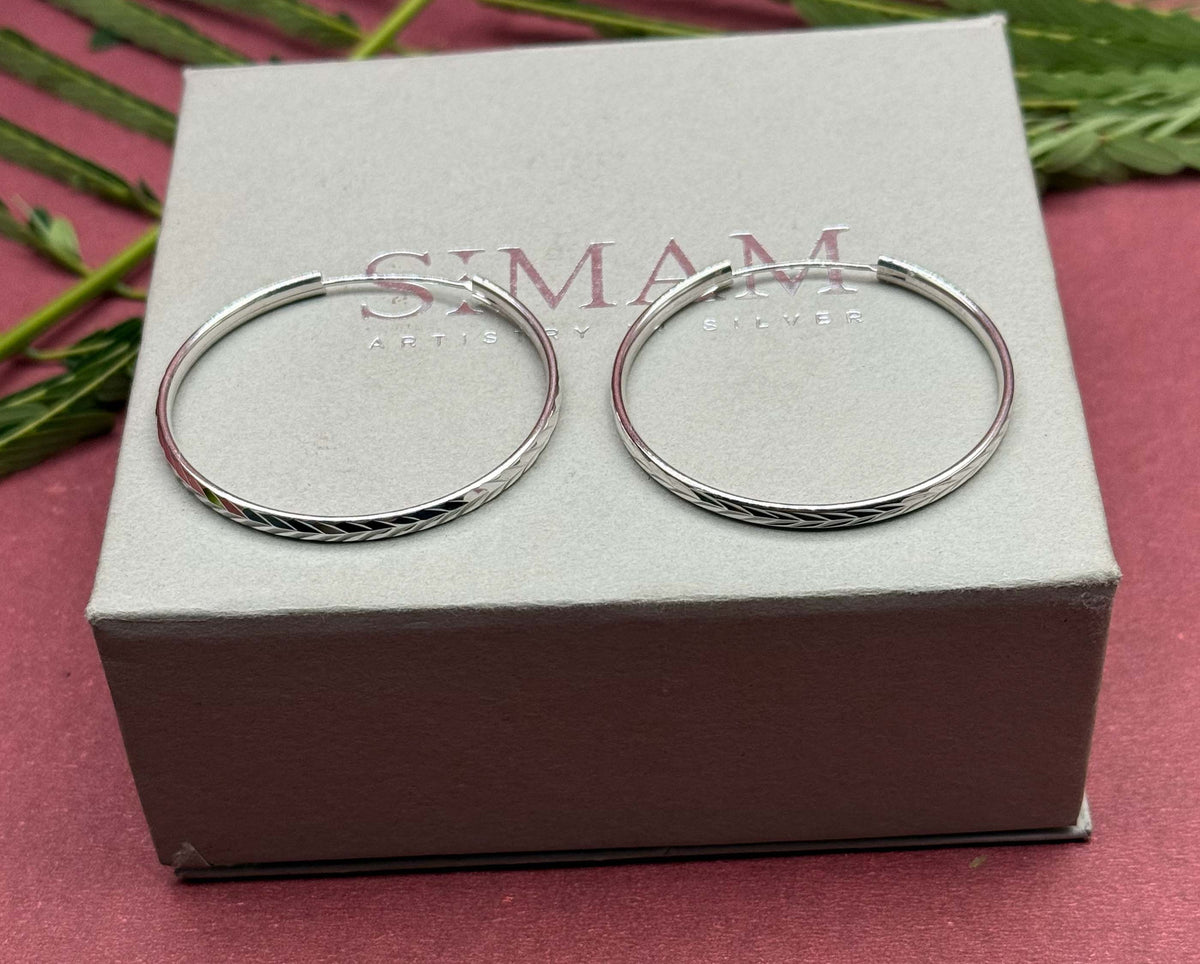925 Sterling Silver Engraved Hoop Earrings, Lightweight Minimalist Everyday Jewelry