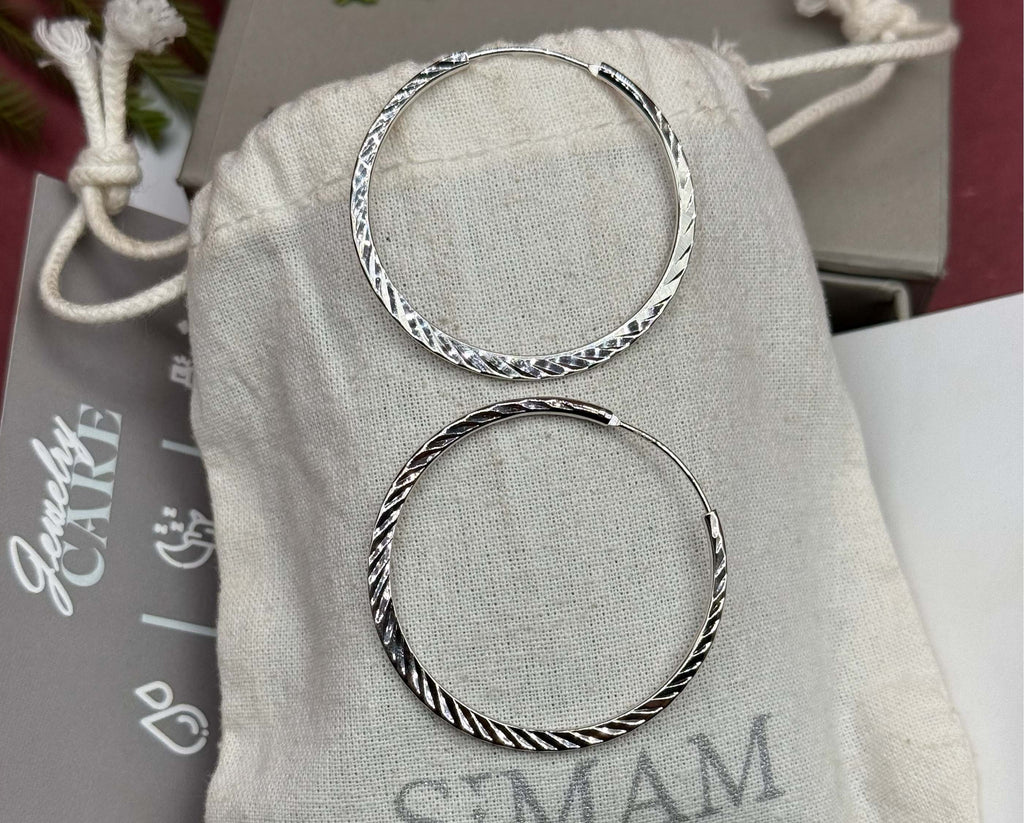 Textured Sterling Silver Hoop Earrings, Minimalist Twisted Circle Jewelry