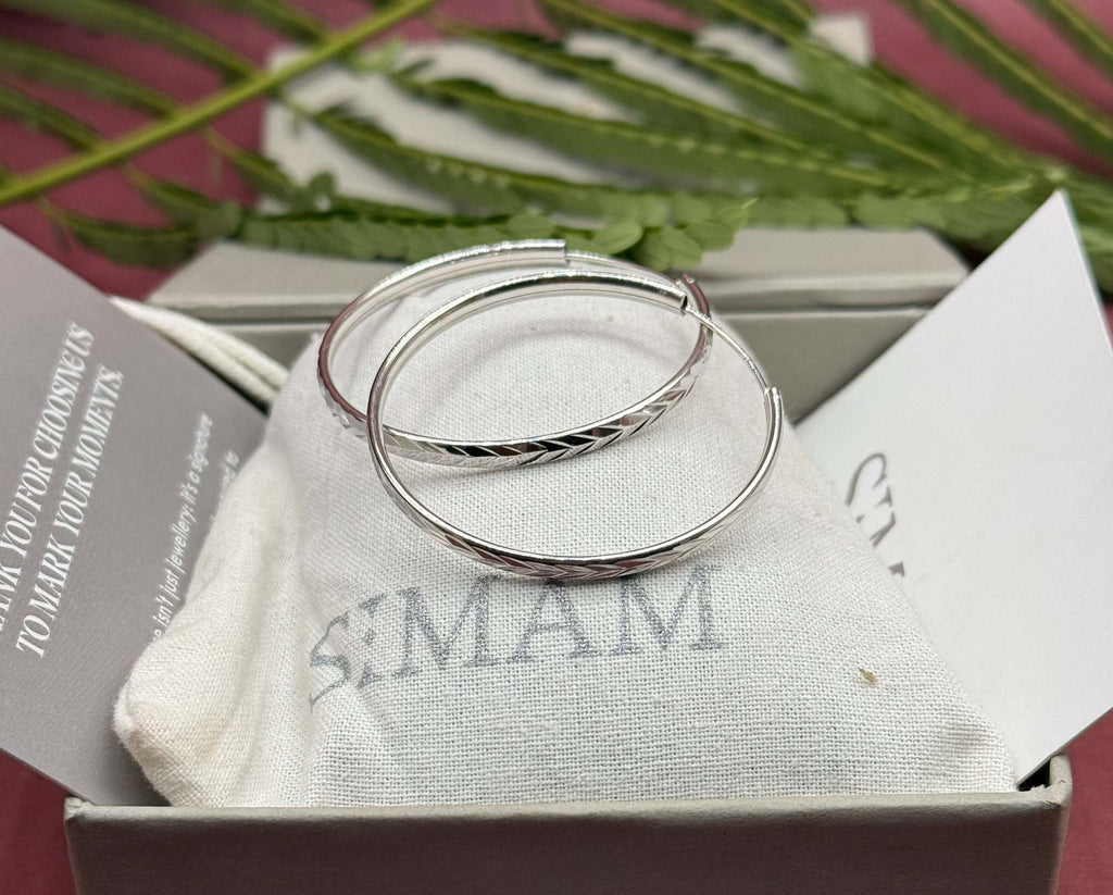 925 Sterling Silver Engraved Hoop Earrings, Lightweight Minimalist Everyday Jewelry