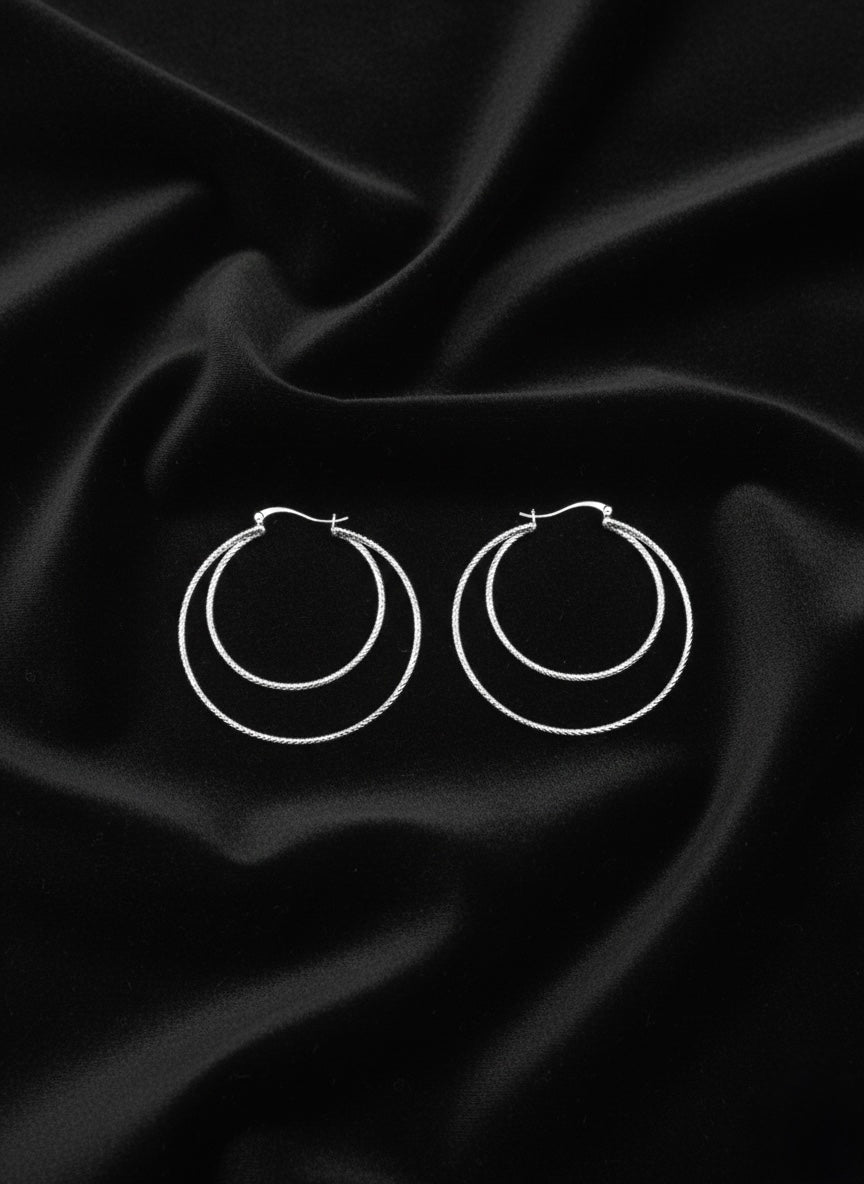 Sterling Silver Double Hoop Earrings, Textured Layered Circles, Minimalist Everyday Jewelry