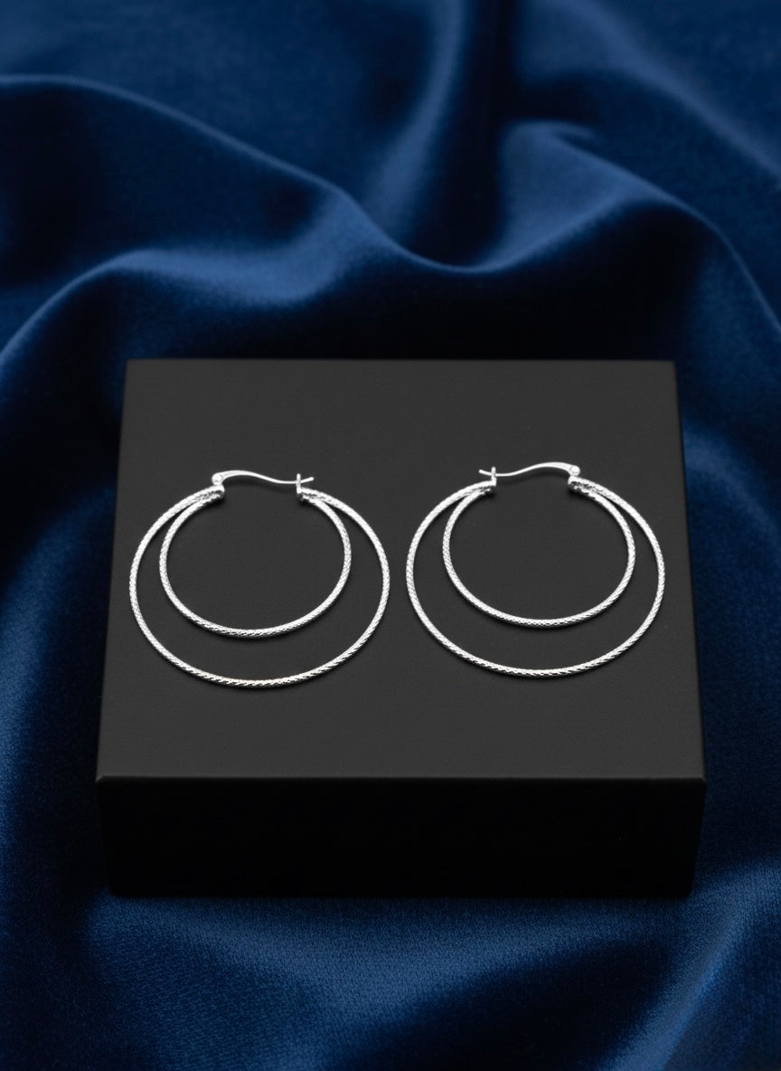 Sterling Silver Double Hoop Earrings, Textured Layered Circles, Minimalist Everyday Jewelry