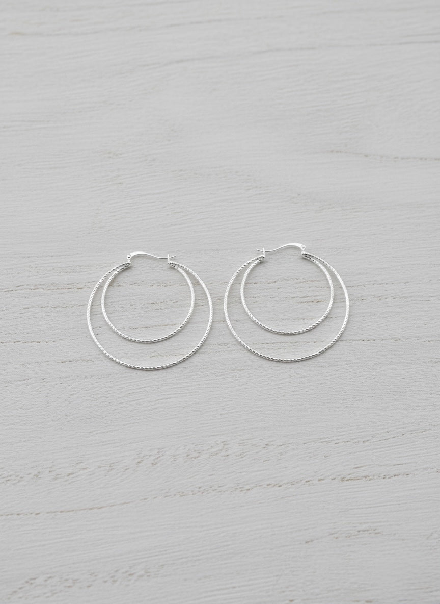 Sterling Silver Double Hoop Earrings, Textured Layered Circles, Minimalist Everyday Jewelry