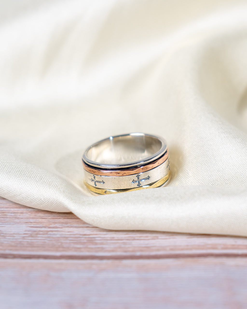 Sterling Silver Spinner Ring: Engraved Cross Band, Two-Tone Everyday Wear