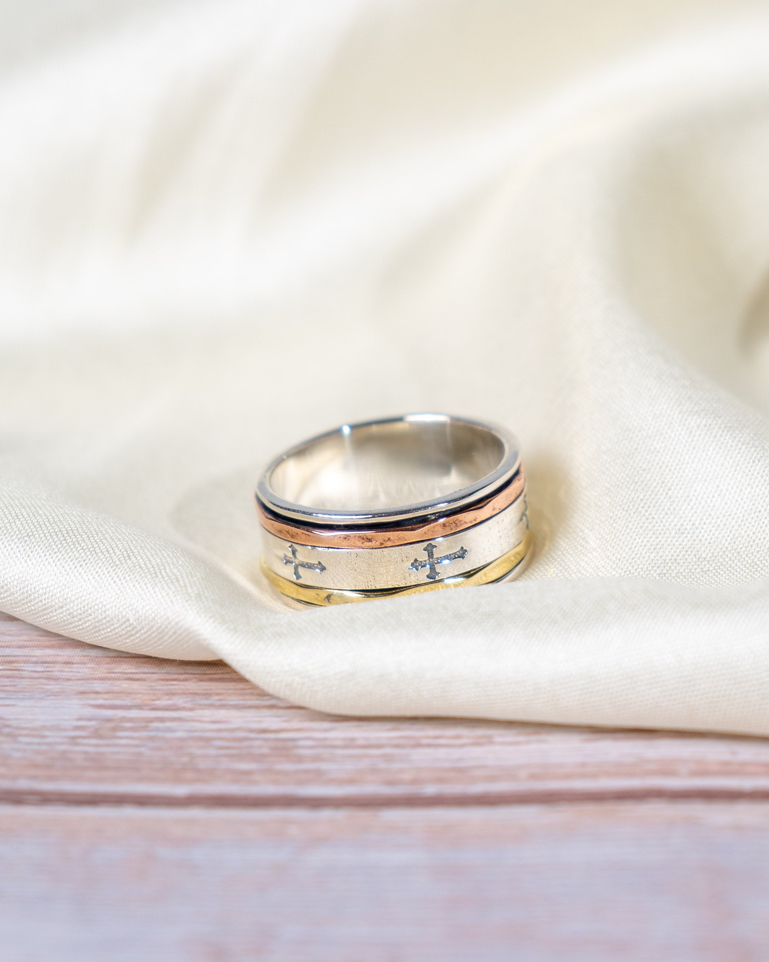 Sterling Silver Spinner Ring: Engraved Cross Band, Two-Tone Everyday Wear