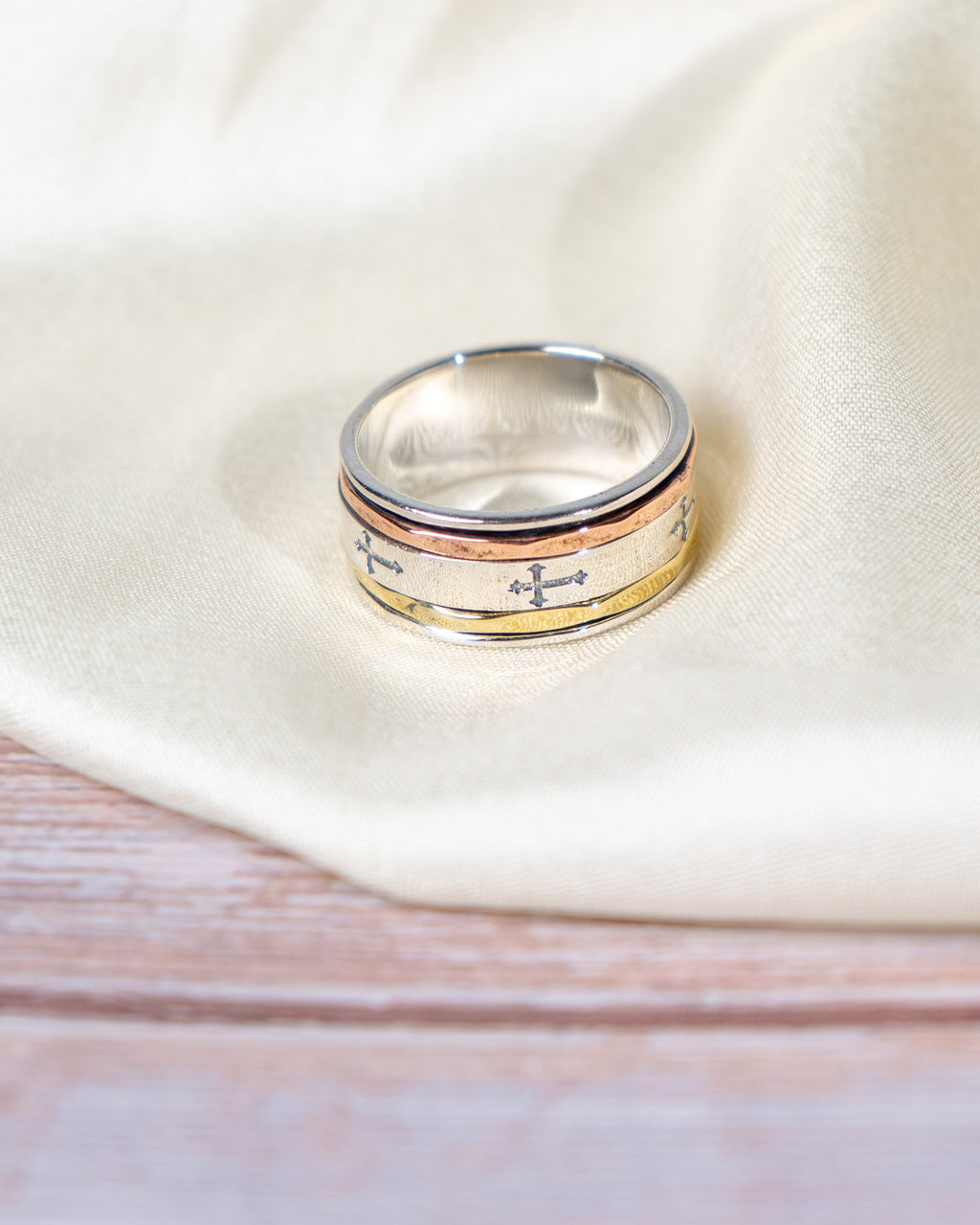 Sterling Silver Spinner Ring: Engraved Cross Band, Two-Tone Everyday Wear