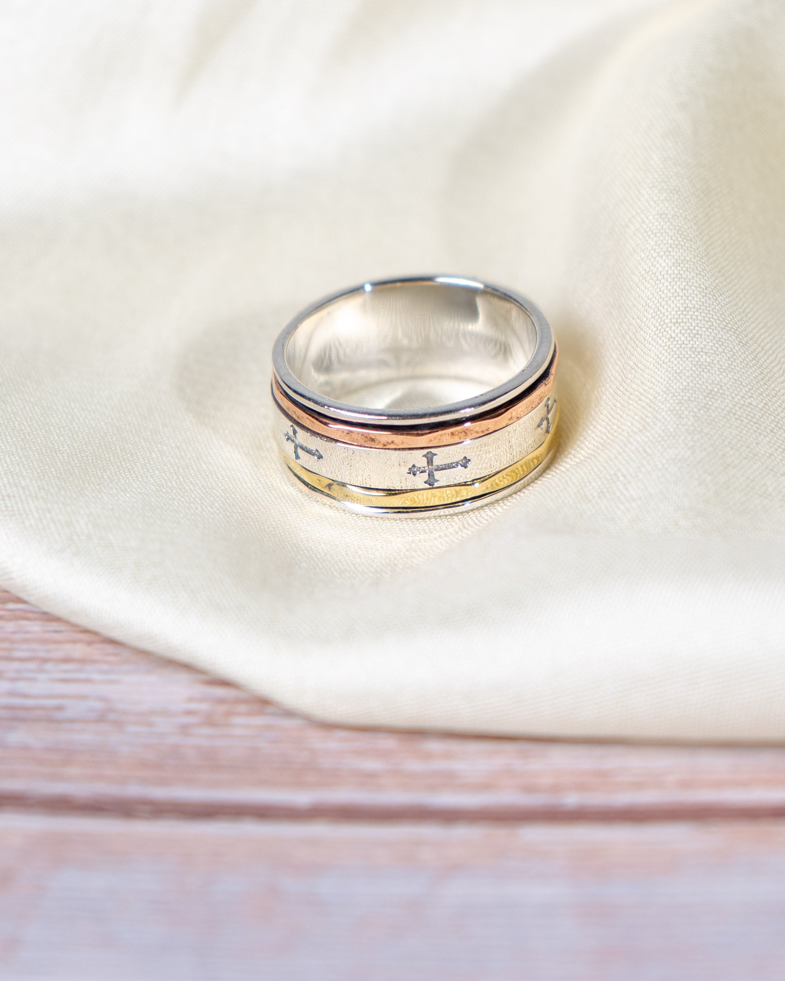 Sterling Silver Spinner Ring: Engraved Cross Band, Two-Tone Everyday Wear