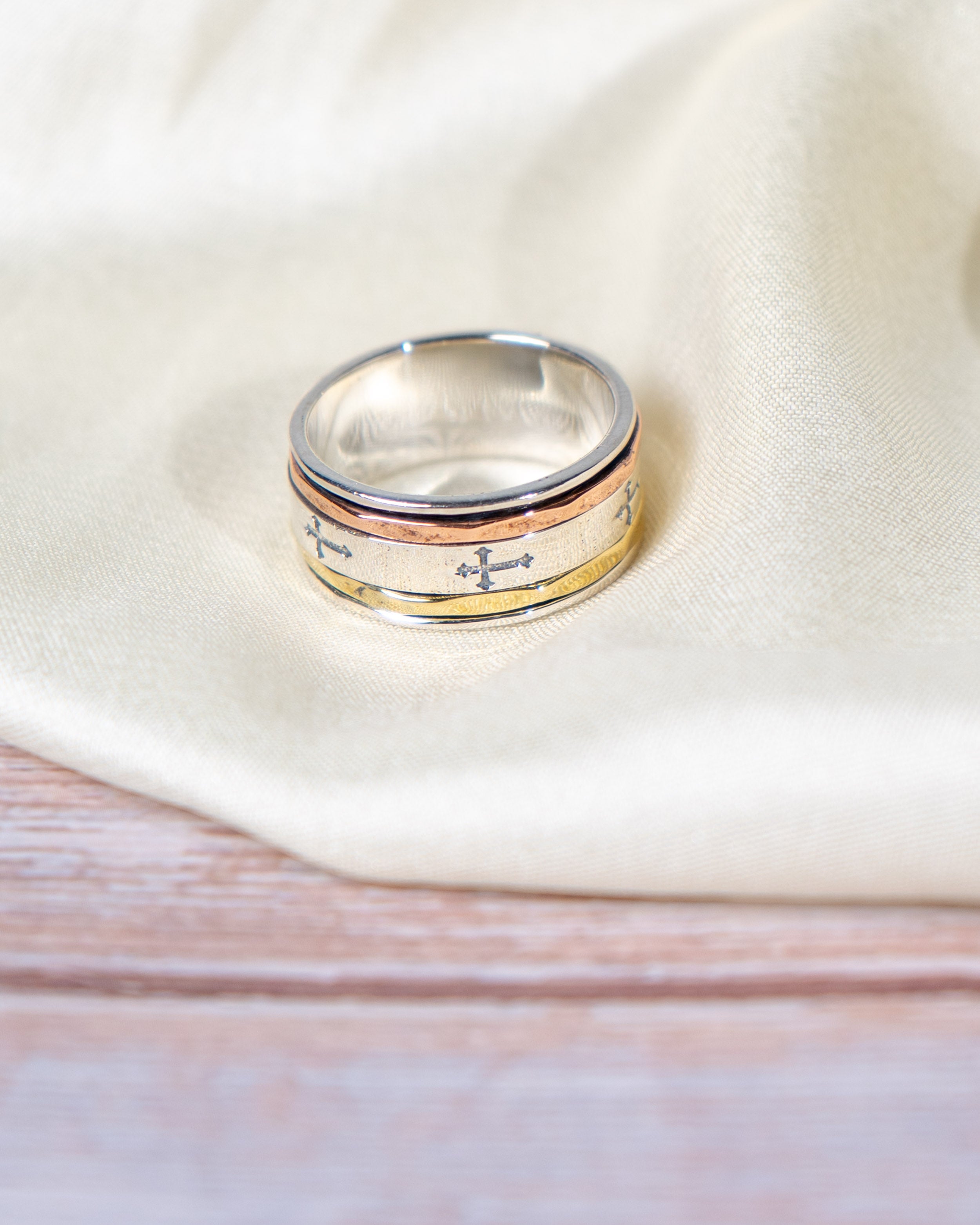 Sterling Silver Spinner Ring: Engraved Cross Band, Two-Tone Everyday Wear