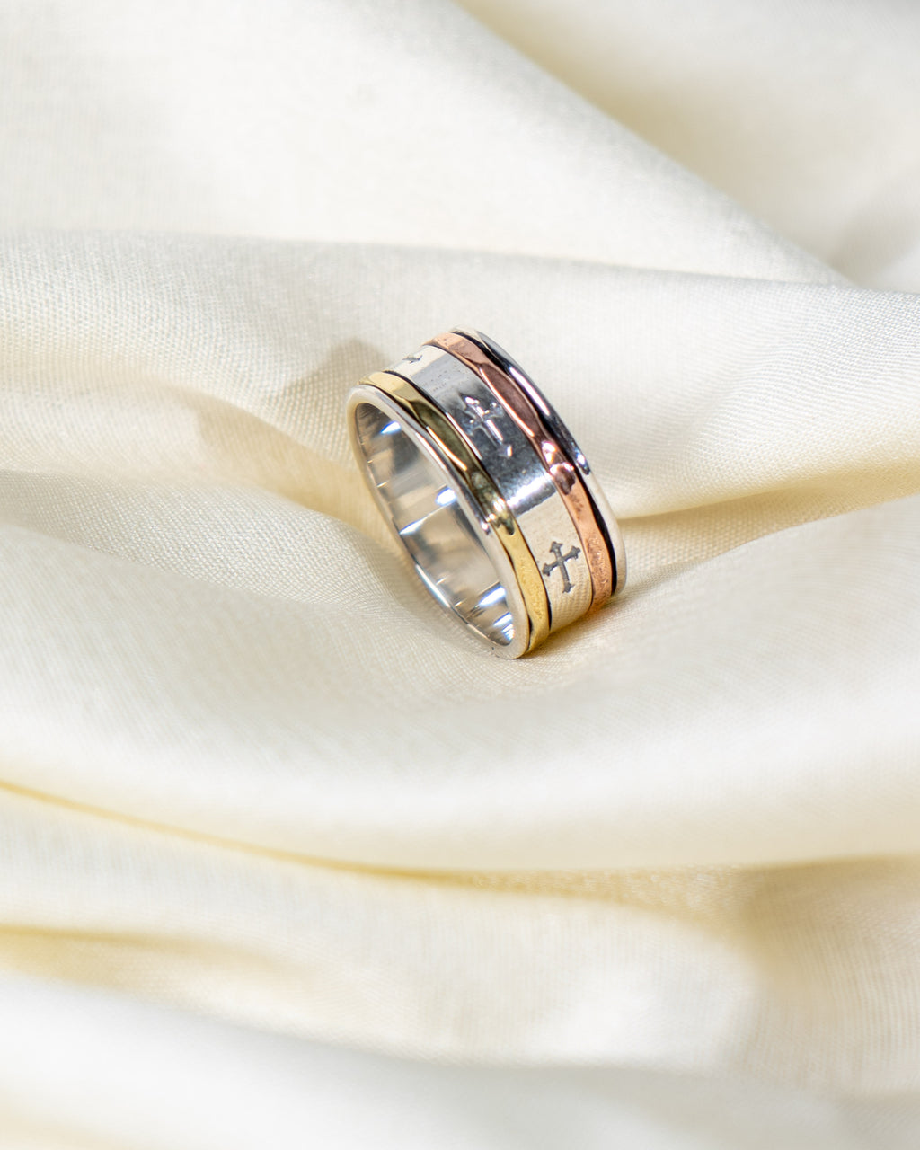 Sterling Silver Spinner Ring: Engraved Cross Band, Two-Tone Everyday Wear