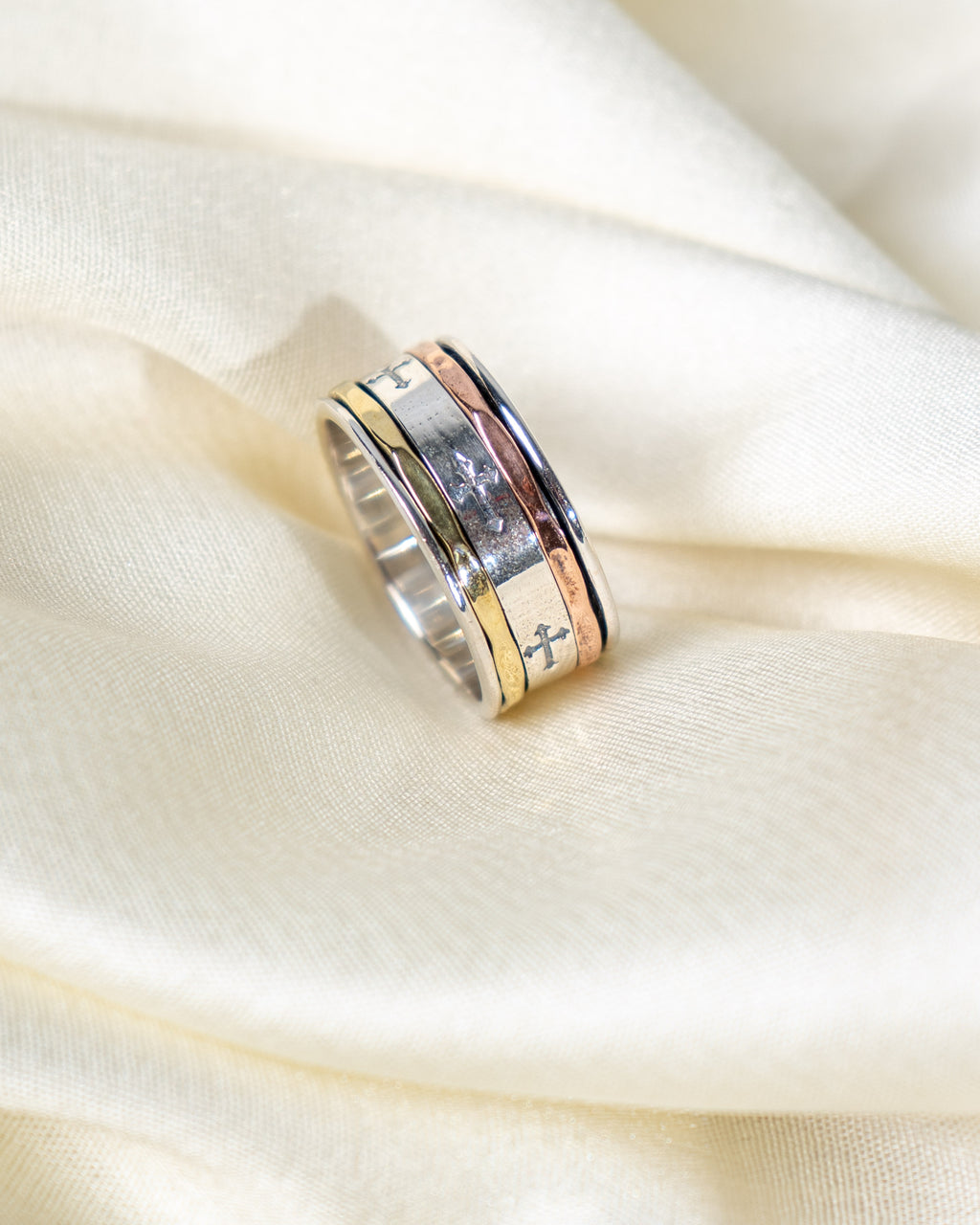 Sterling Silver Spinner Ring: Engraved Cross Band, Two-Tone Everyday Wear