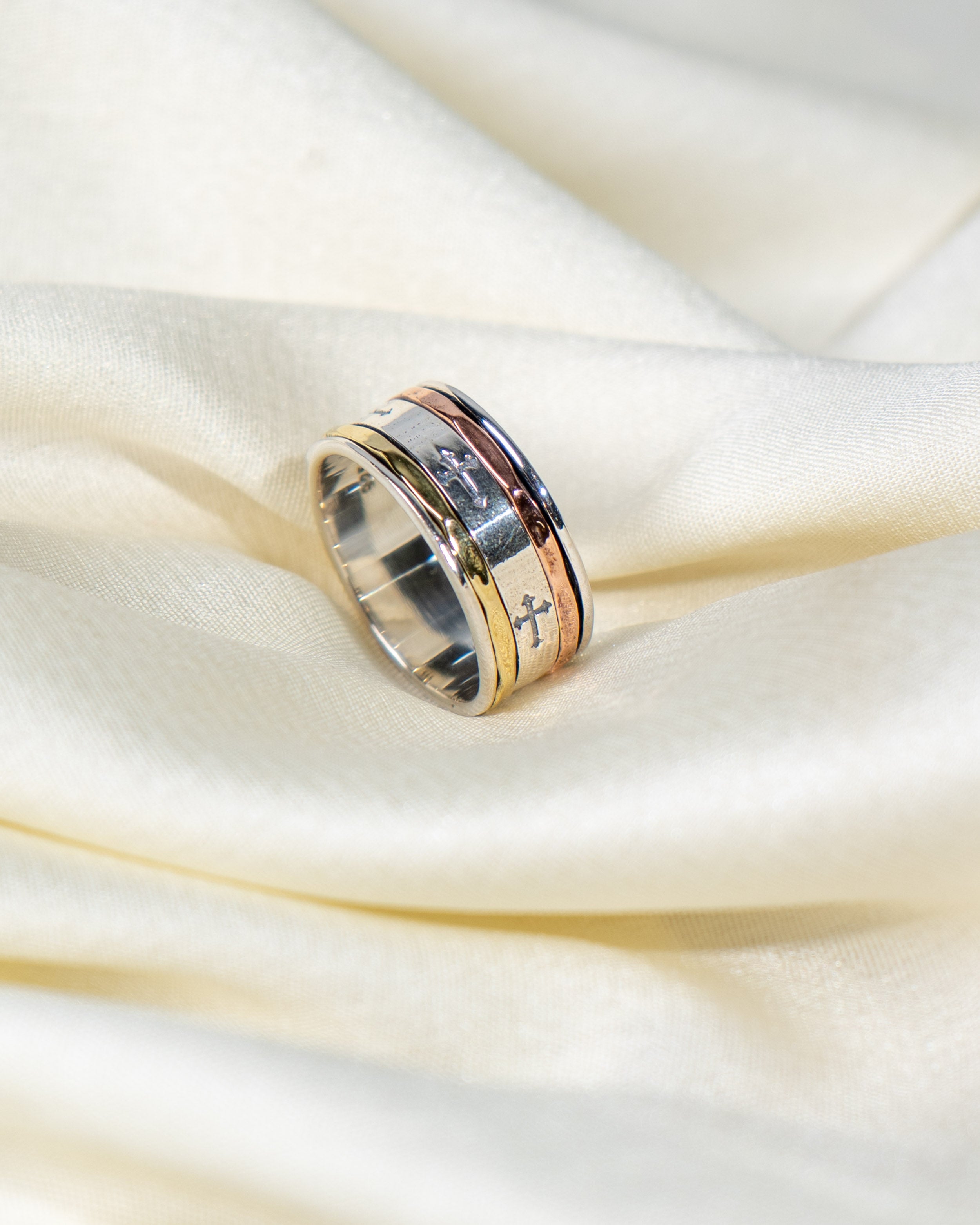 Tri-Tone Sterling Silver Spinner Ring • Cross Engraved Band