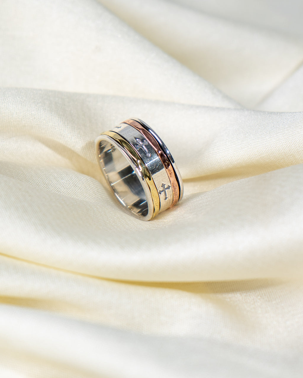 Sterling Silver Spinner Ring: Engraved Cross Band, Two-Tone Everyday Wear