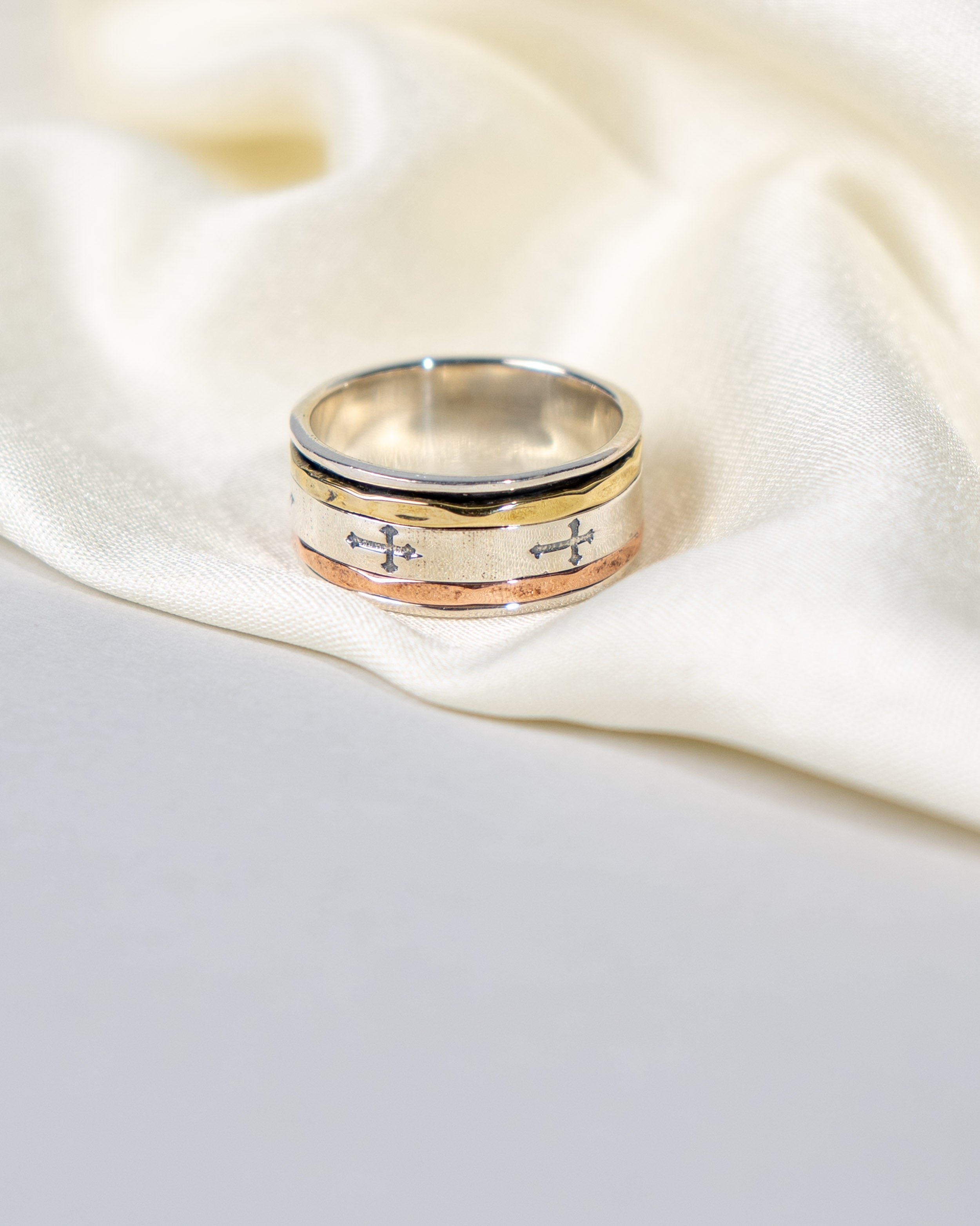 Tri-Tone Sterling Silver Spinner Ring • Cross Engraved Band