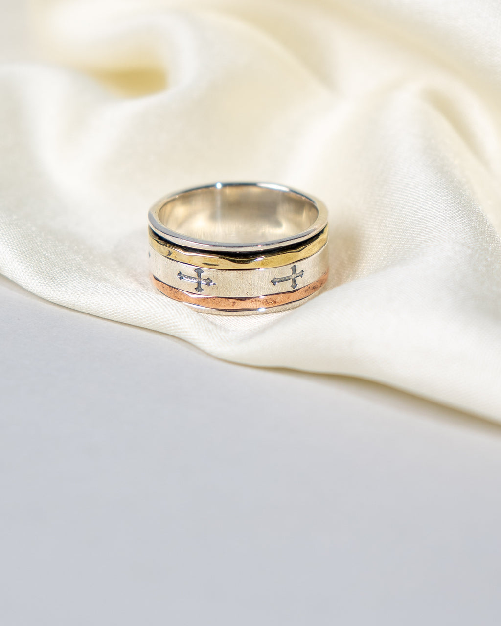 Sterling Silver Spinner Ring: Engraved Cross Band, Two-Tone Everyday Wear