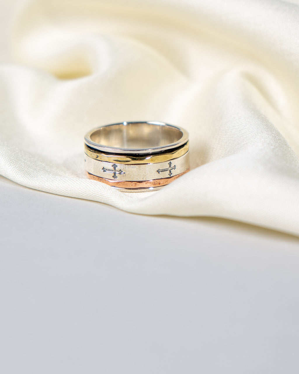 Sterling Silver Spinner Ring: Engraved Cross Band, Two-Tone Everyday Wear