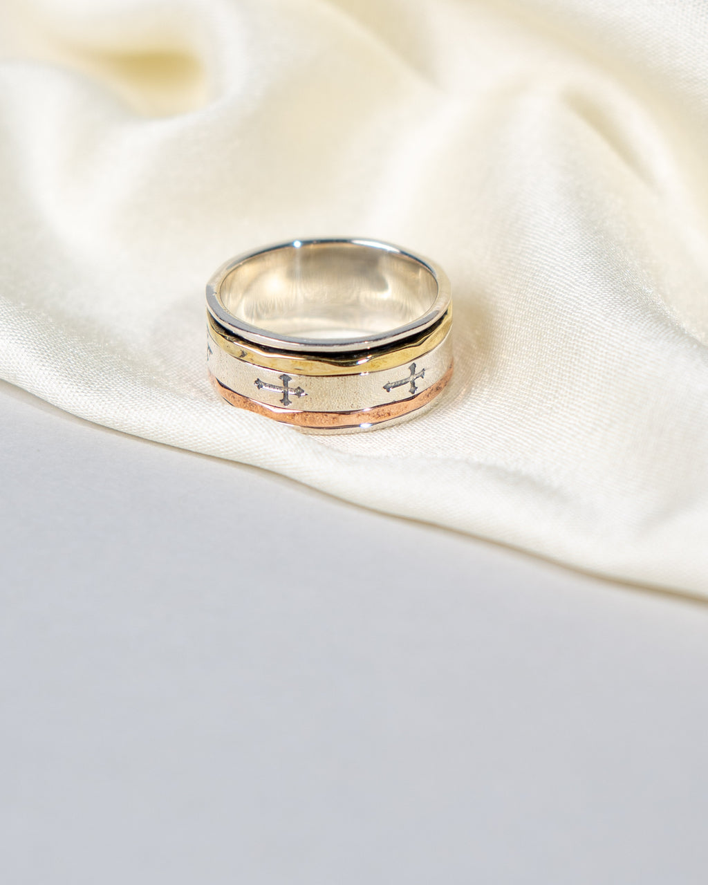 Sterling Silver Spinner Ring: Engraved Cross Band, Two-Tone Everyday Wear