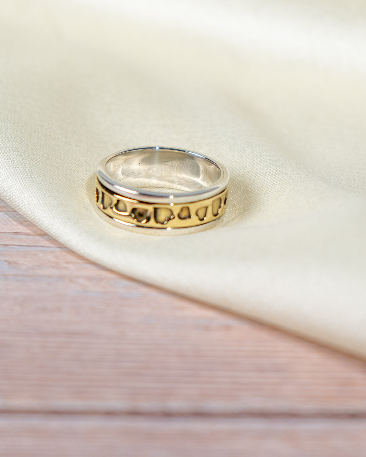 Sterling Silver Spinner Ring with Heart Pattern – Two-Tone Band, Everyday Wear