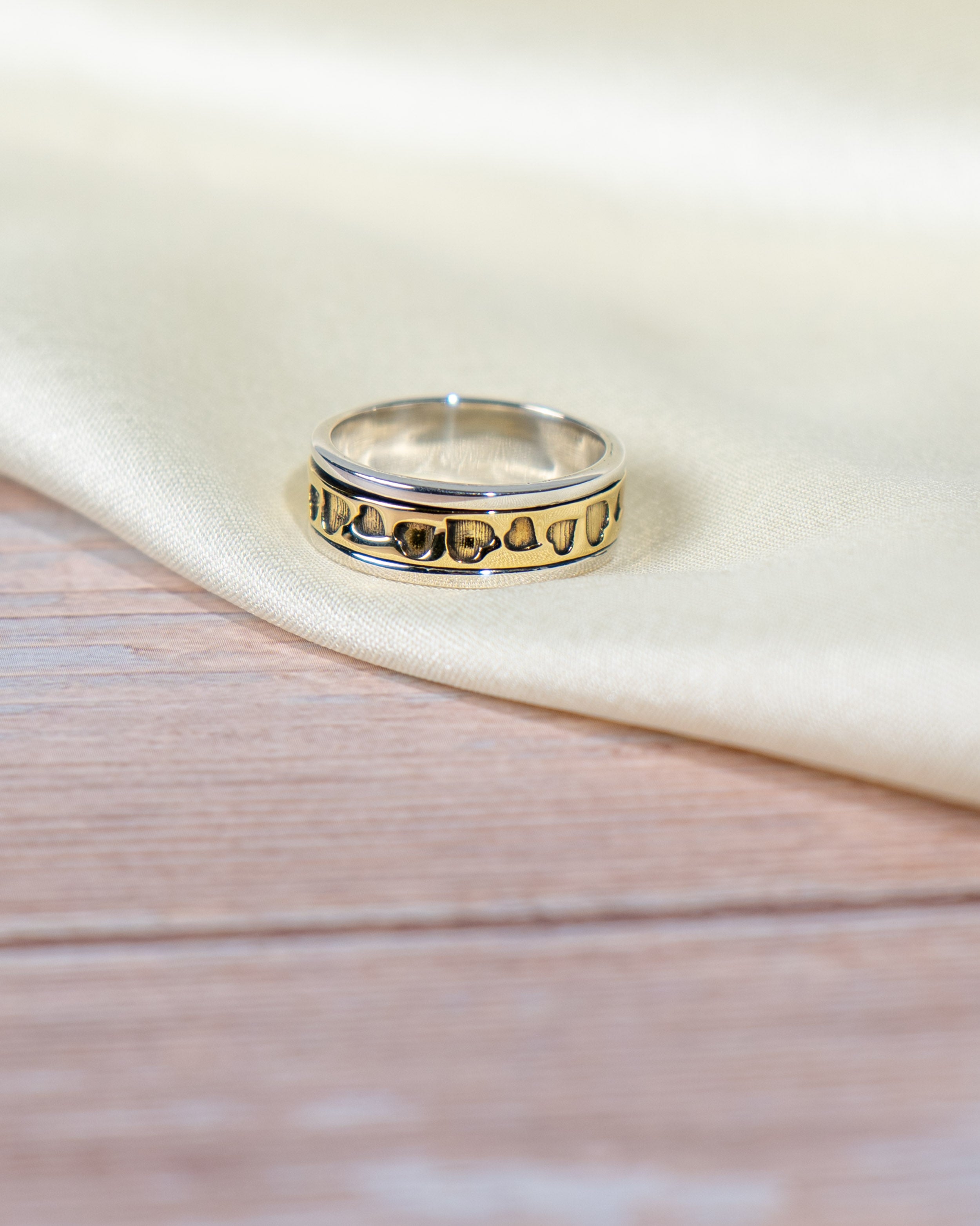 Sterling Silver Spinner Ring with Heart Pattern – Two-Tone Band, Everyday Wear