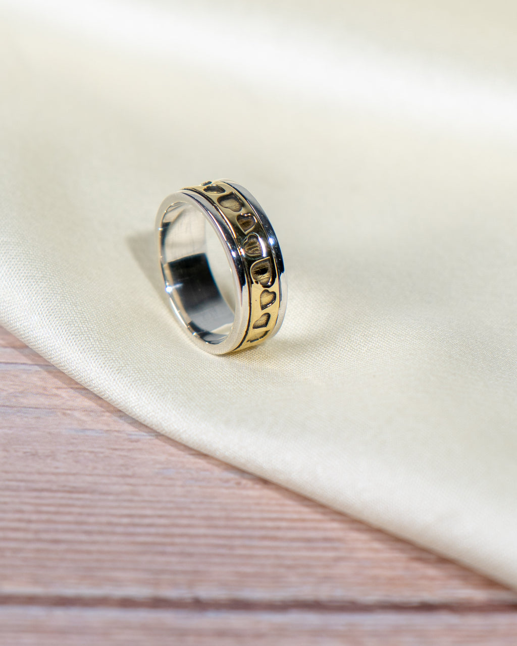 Sterling Silver Spinner Ring with Heart Pattern – Two-Tone Band, Everyday Wear