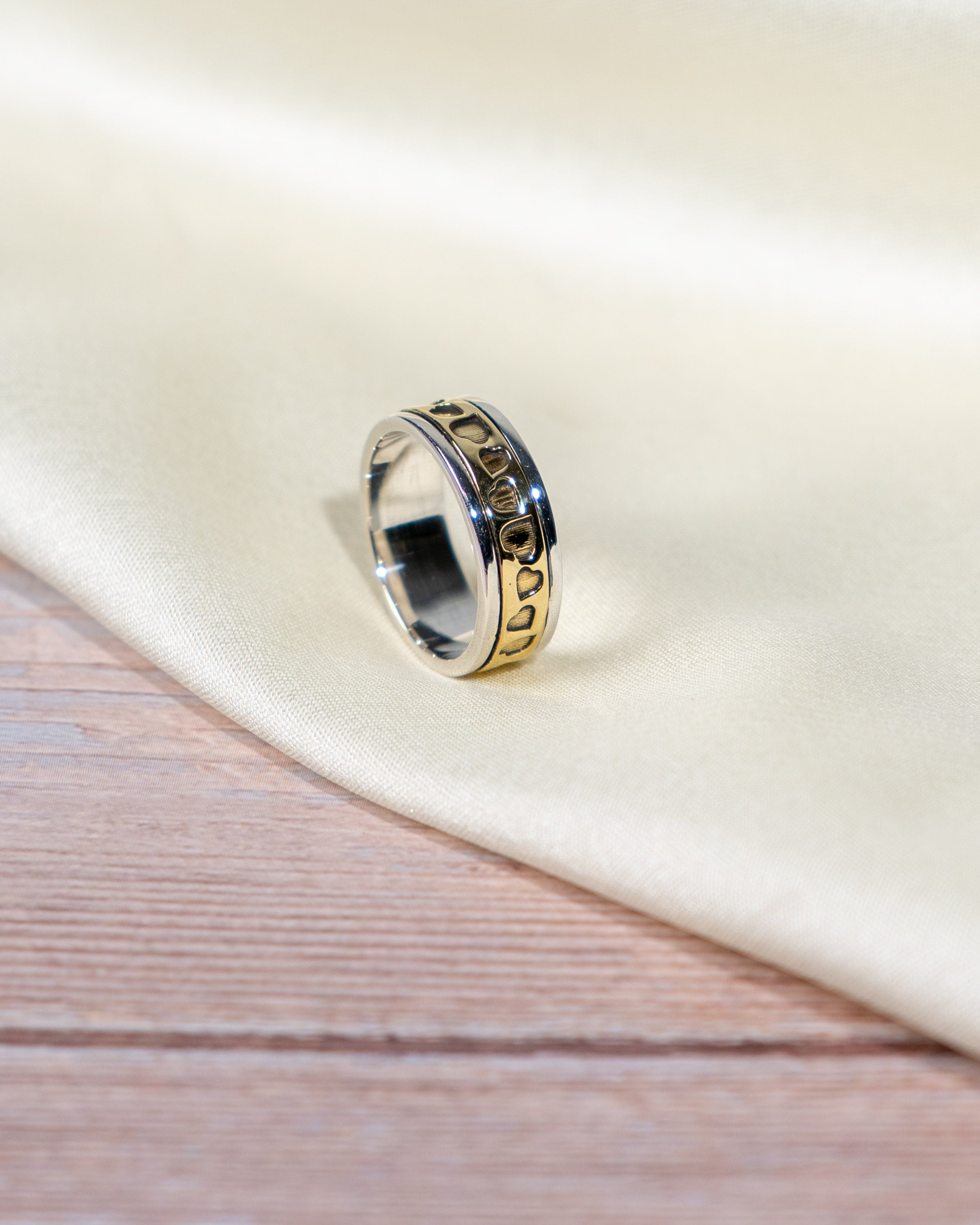Sterling Silver Spinner Ring with Heart Pattern – Two-Tone Band, Everyday Wear
