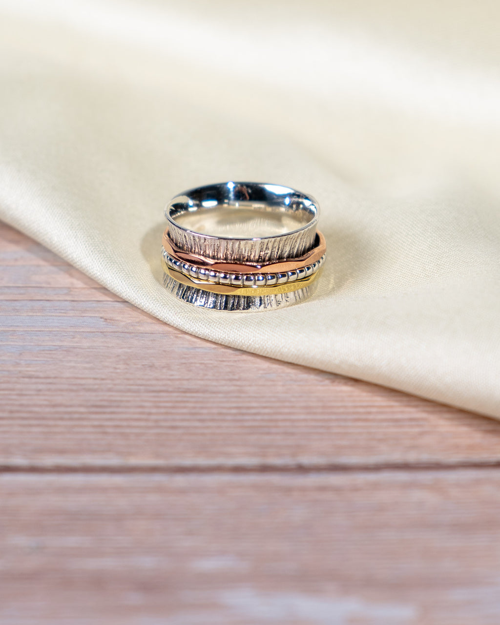 Sterling Silver Multi-Tone Spinner Ring – Textured Rotating Bands, Everyday Wear