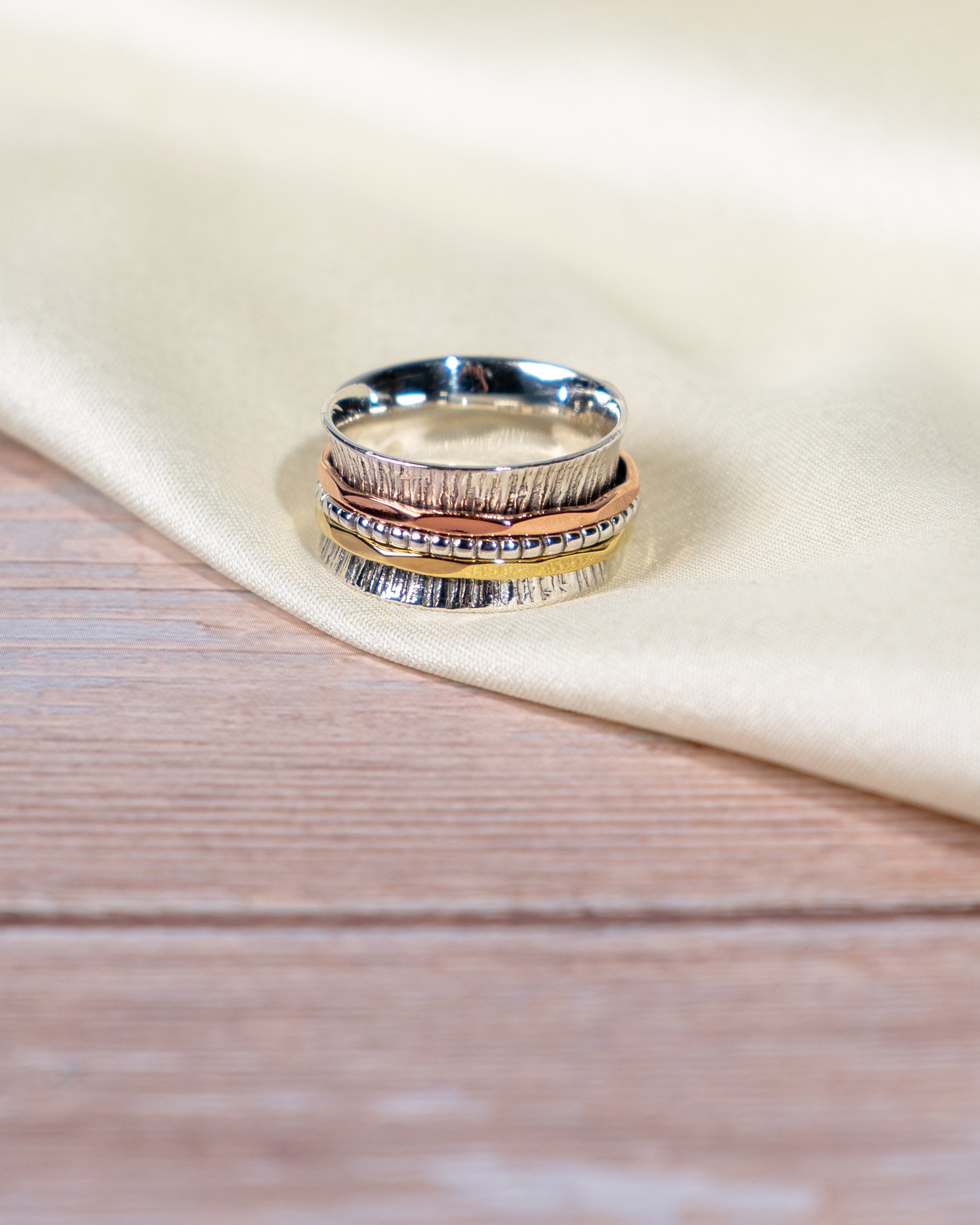 Sterling Silver Multi-Tone Spinner Ring – Textured Rotating Bands, Everyday Wear