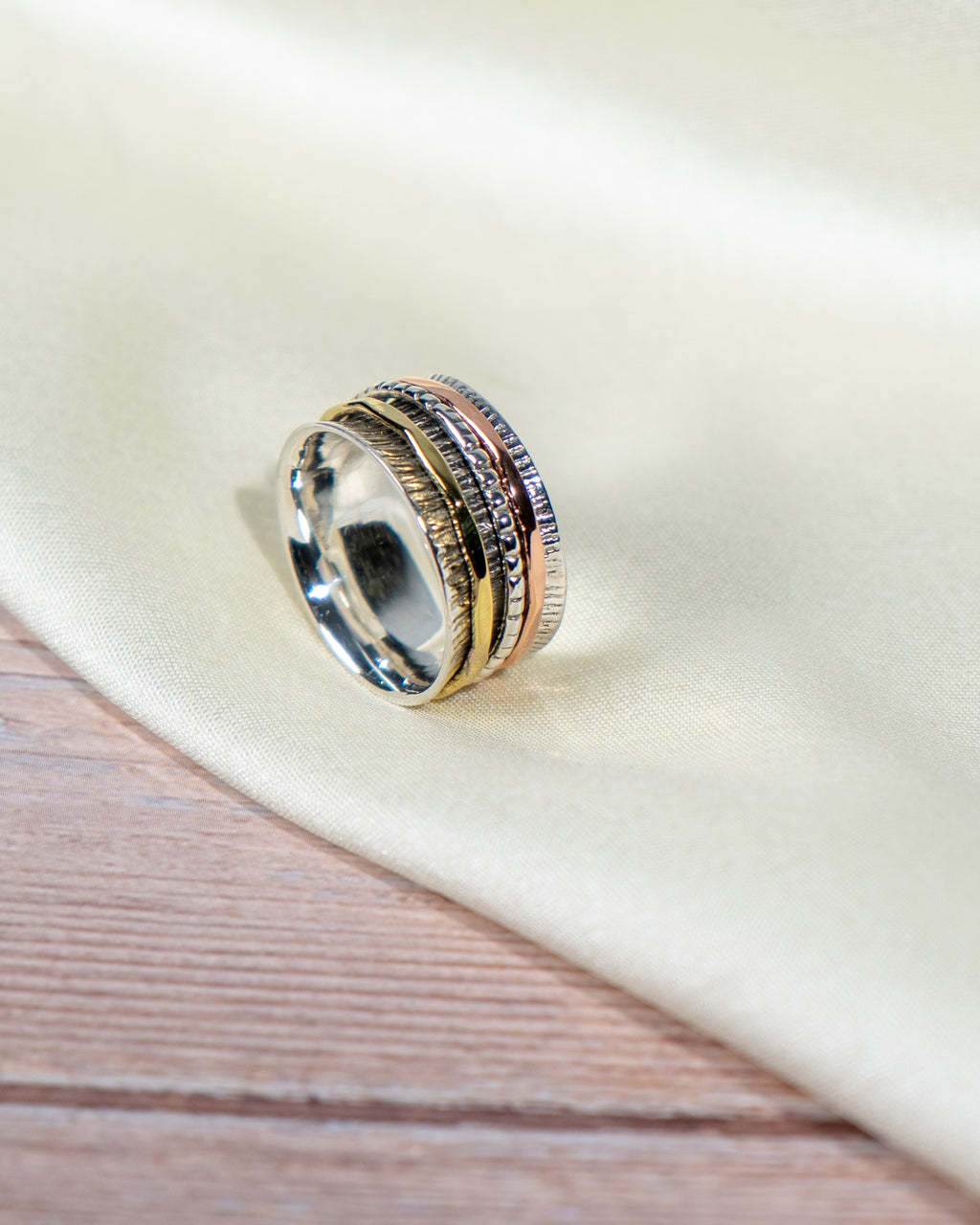 Sterling Silver Multi-Tone Spinner Ring – Textured Rotating Bands, Everyday Wear