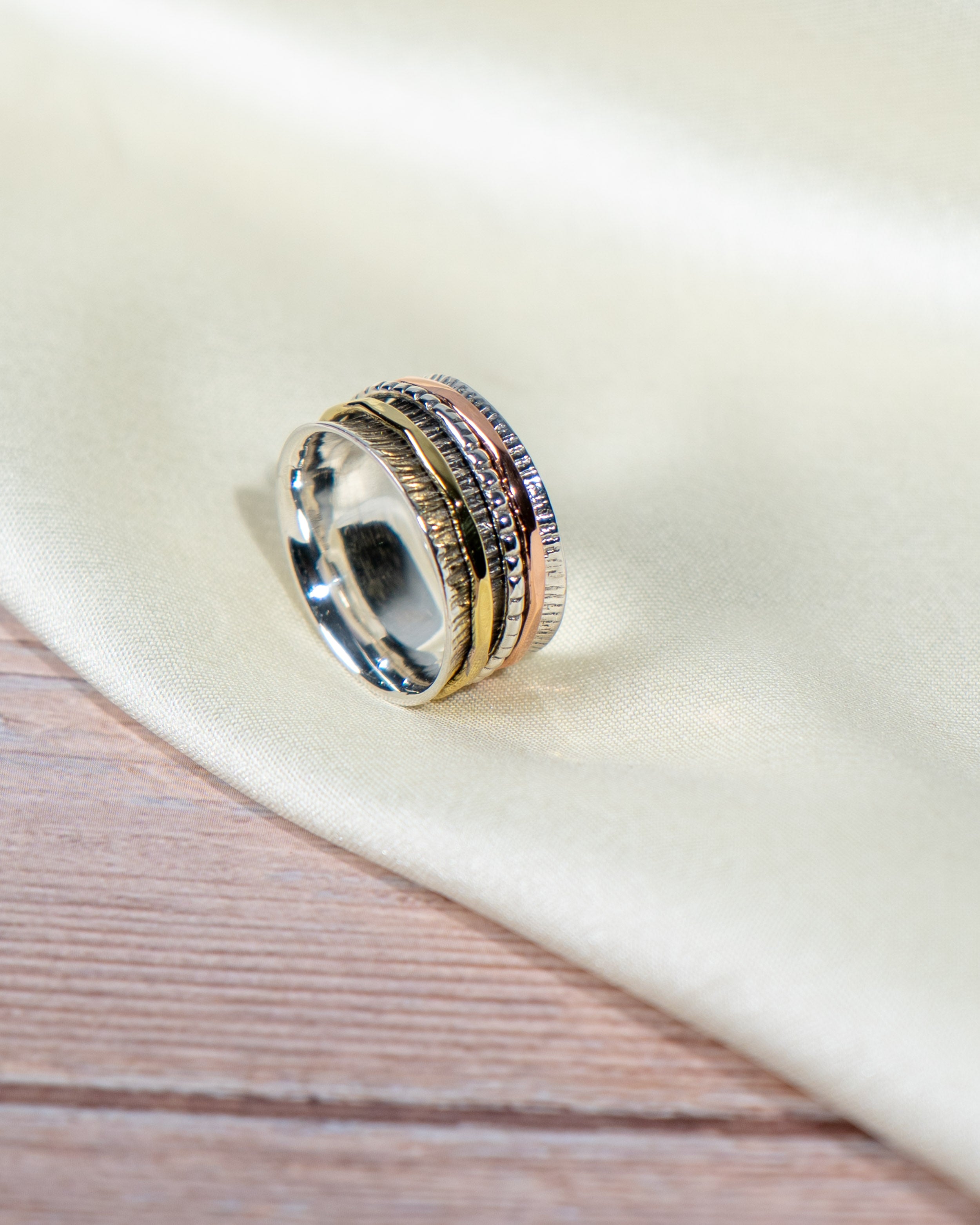 Sterling Silver Multi-Tone Spinner Ring – Textured Rotating Bands, Everyday Wear
