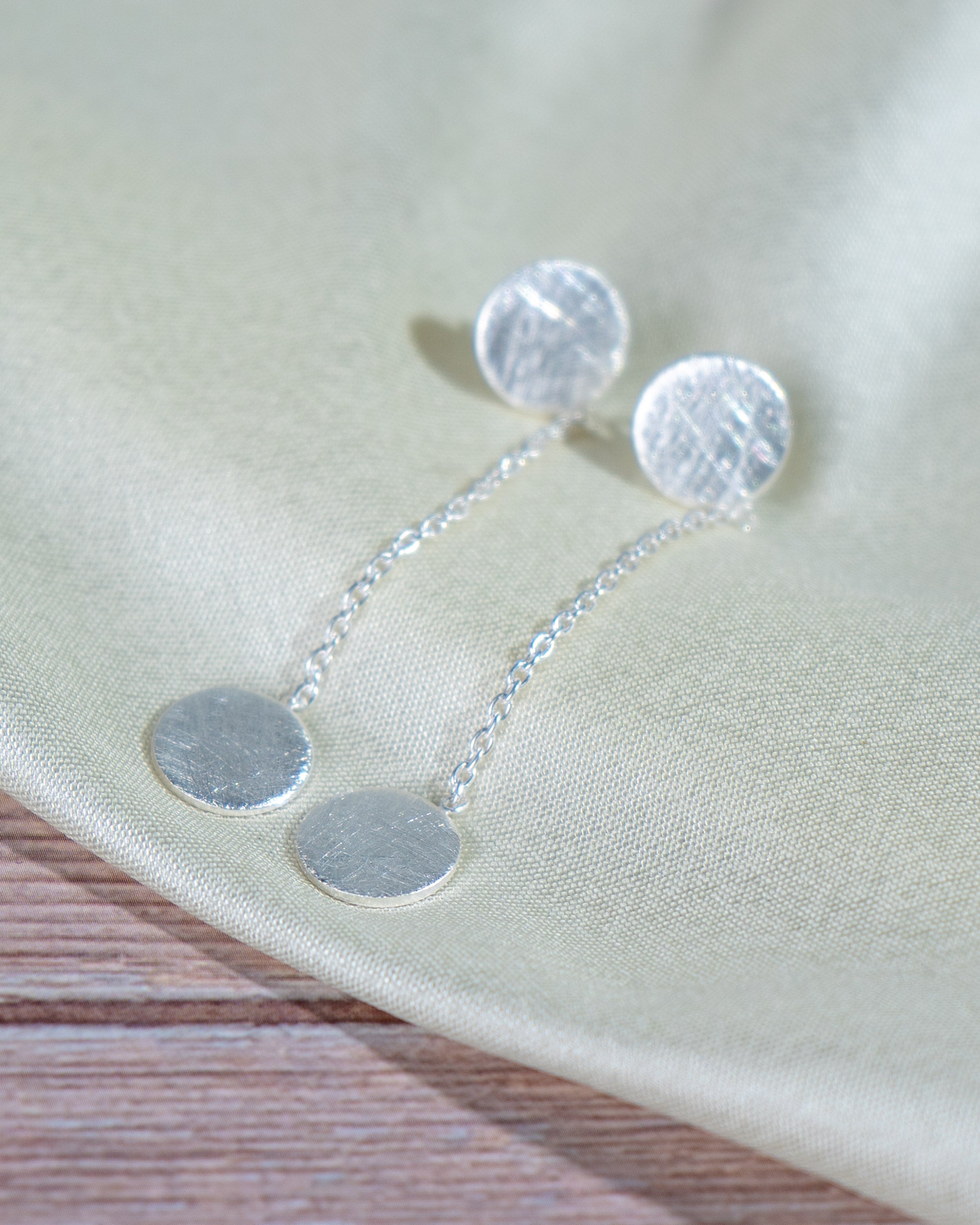 Minimalist Sterling Silver Drop Earrings: Handmade Disc Chain Jewelry