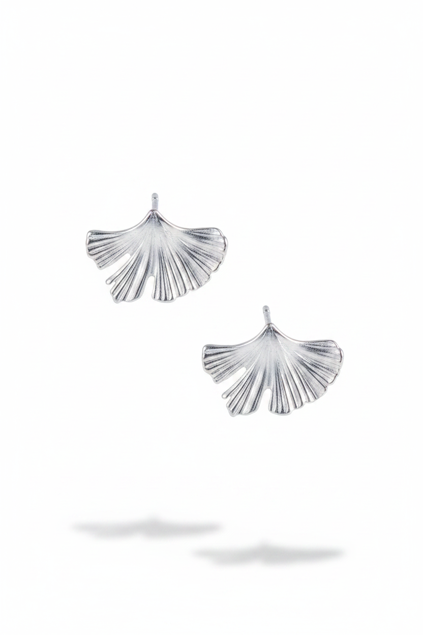 Sterling Silver Ginkgo Leaf Stud Earrings – Minimalist Botanical Nature Jewelry