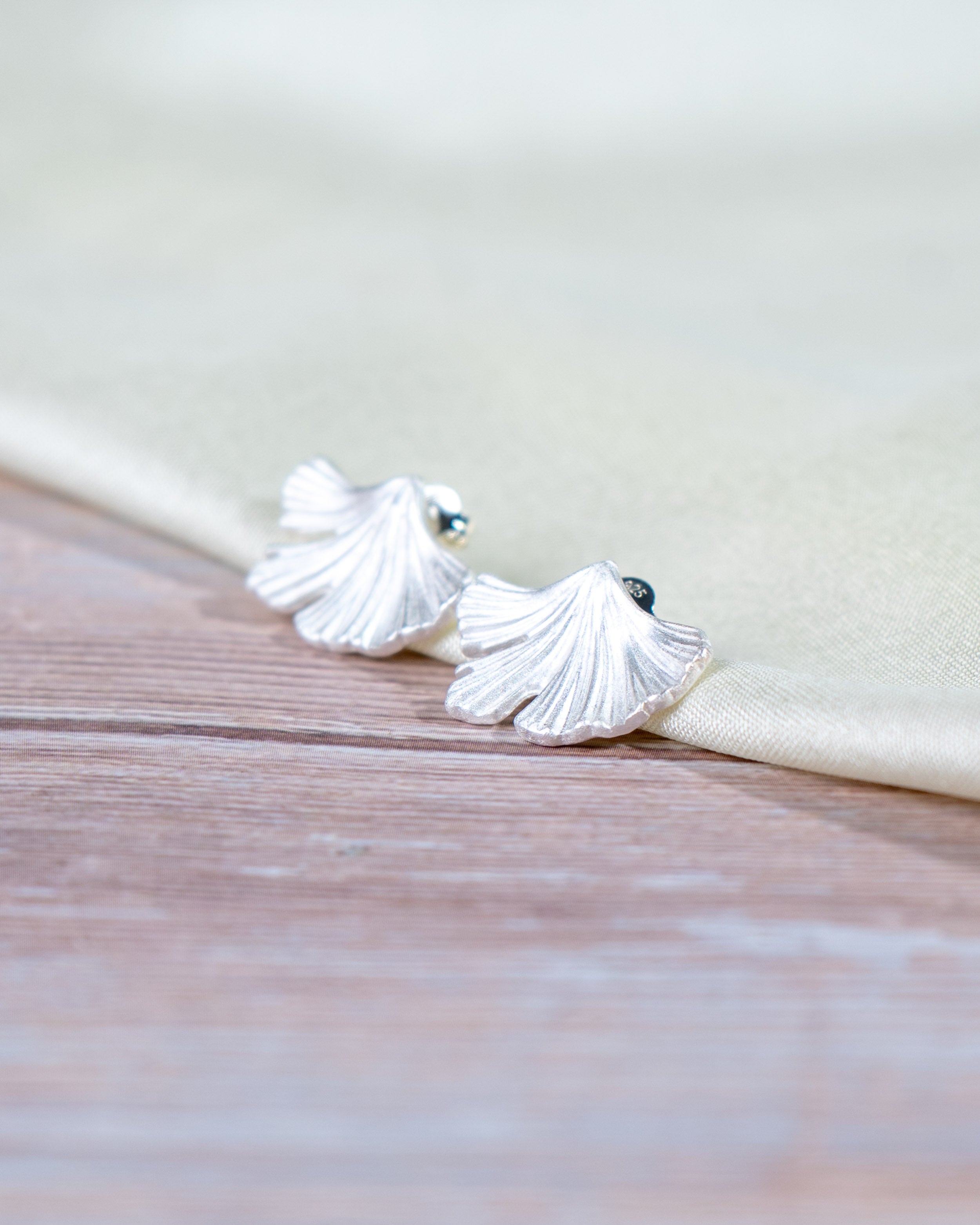 Sterling Silver Ginkgo Leaf Stud Earrings – Minimalist Botanical Nature Jewelry