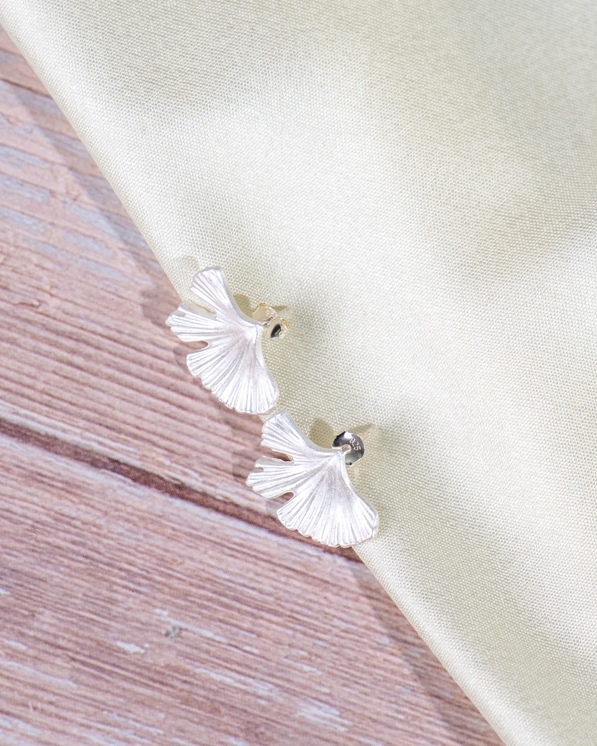 Sterling Silver Ginkgo Leaf Stud Earrings – Minimalist Botanical Nature Jewelry