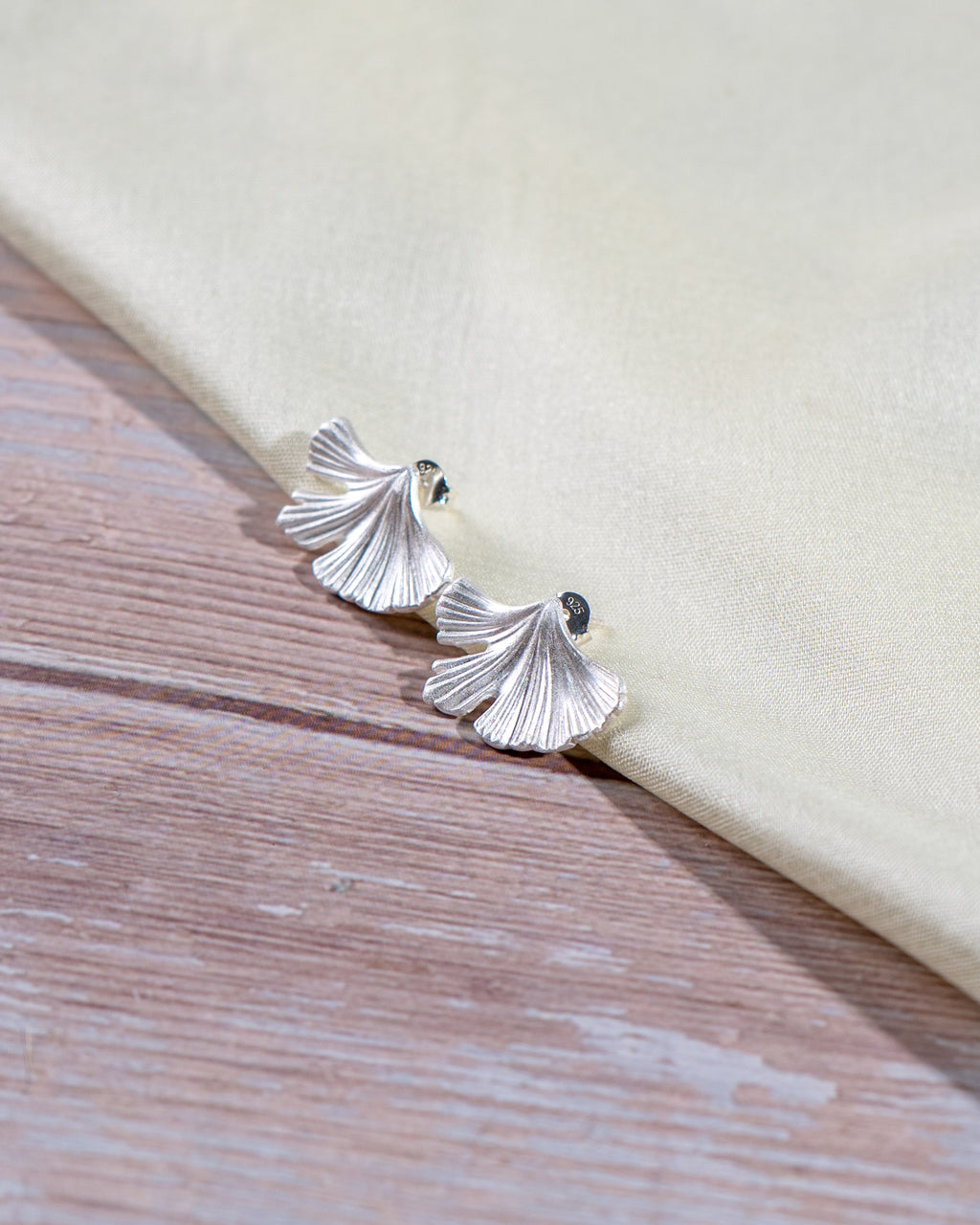 Sterling Silver Ginkgo Leaf Stud Earrings – Minimalist Botanical Nature Jewelry
