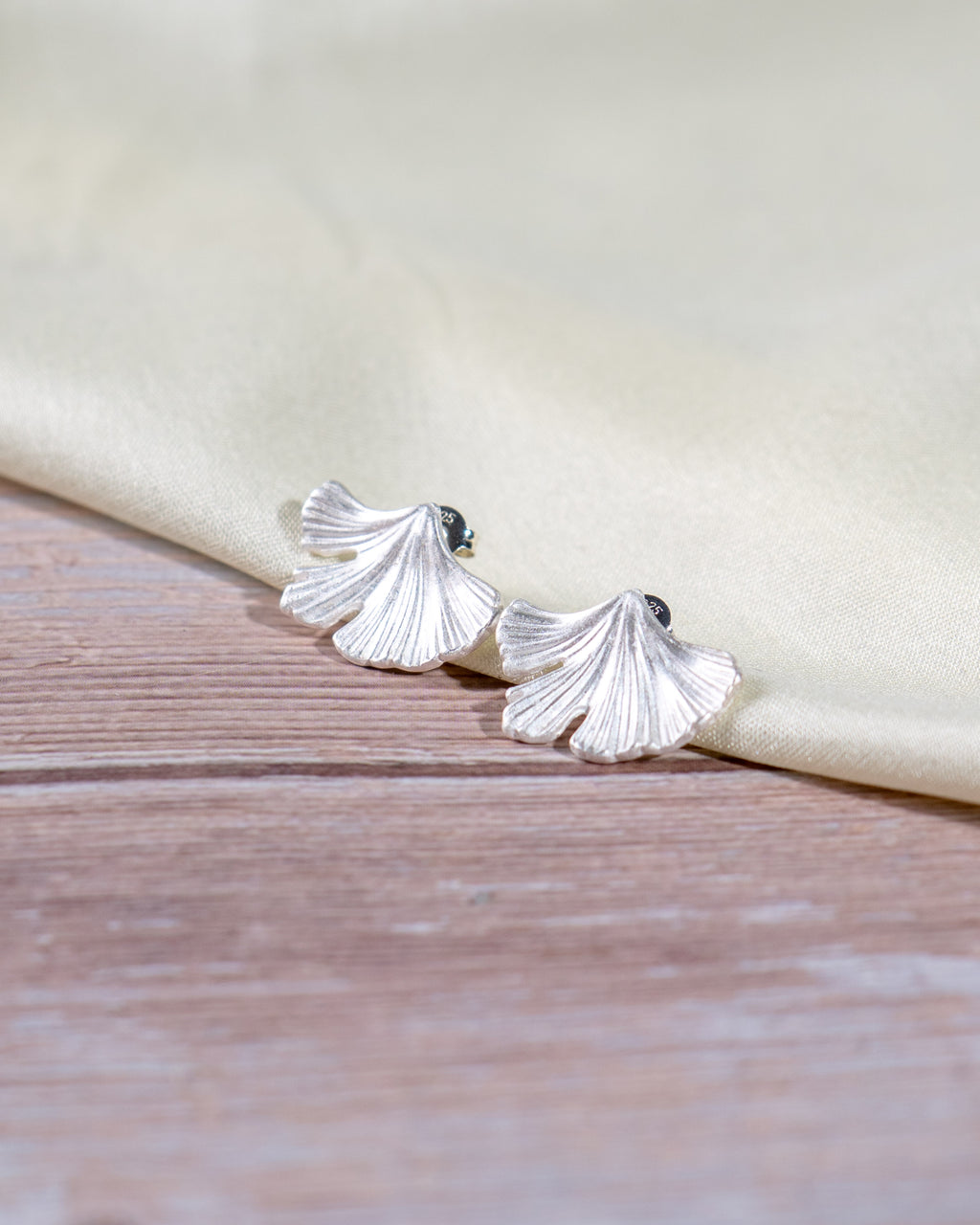 Sterling Silver Ginkgo Leaf Stud Earrings – Minimalist Botanical Nature Jewelry