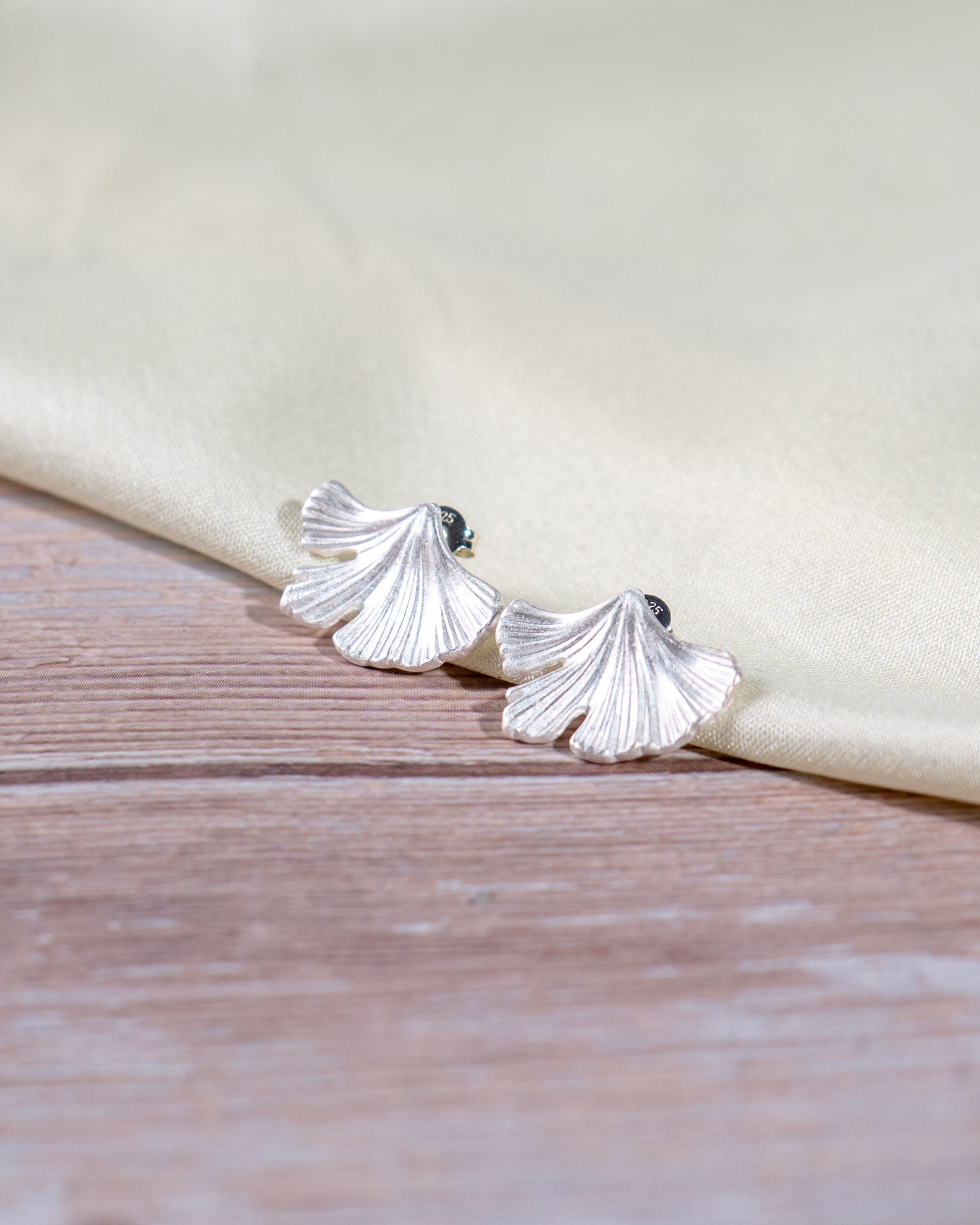 Sterling Silver Ginkgo Leaf Stud Earrings – Minimalist Botanical Nature Jewelry