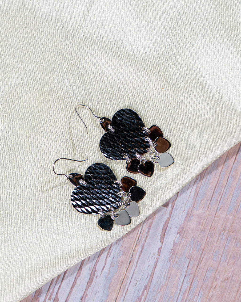Textured Sterling Silver Heart Dangle Earrings – Layered Charm Statement Jewelry