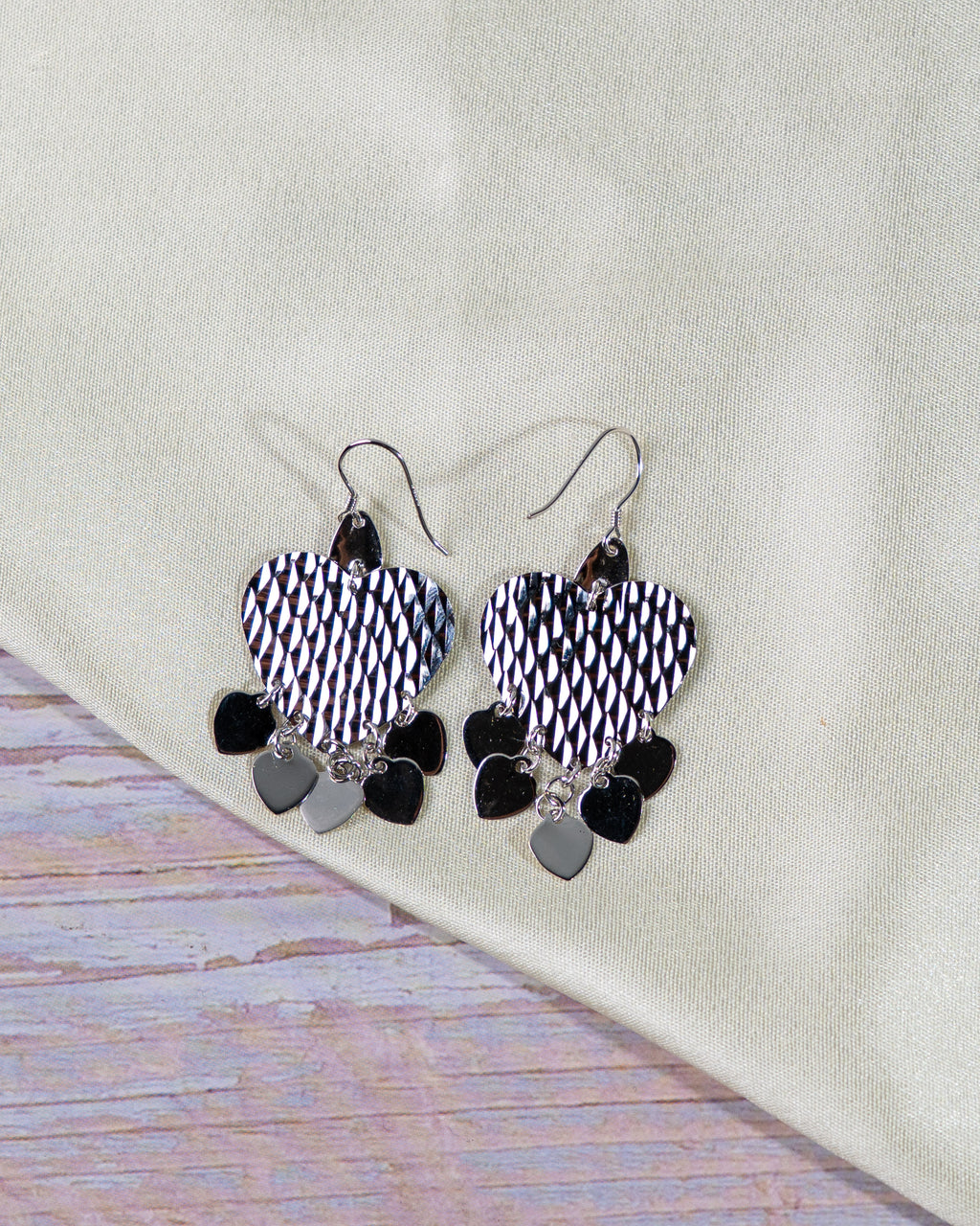 Textured Sterling Silver Heart Dangle Earrings – Layered Charm Statement Jewelry