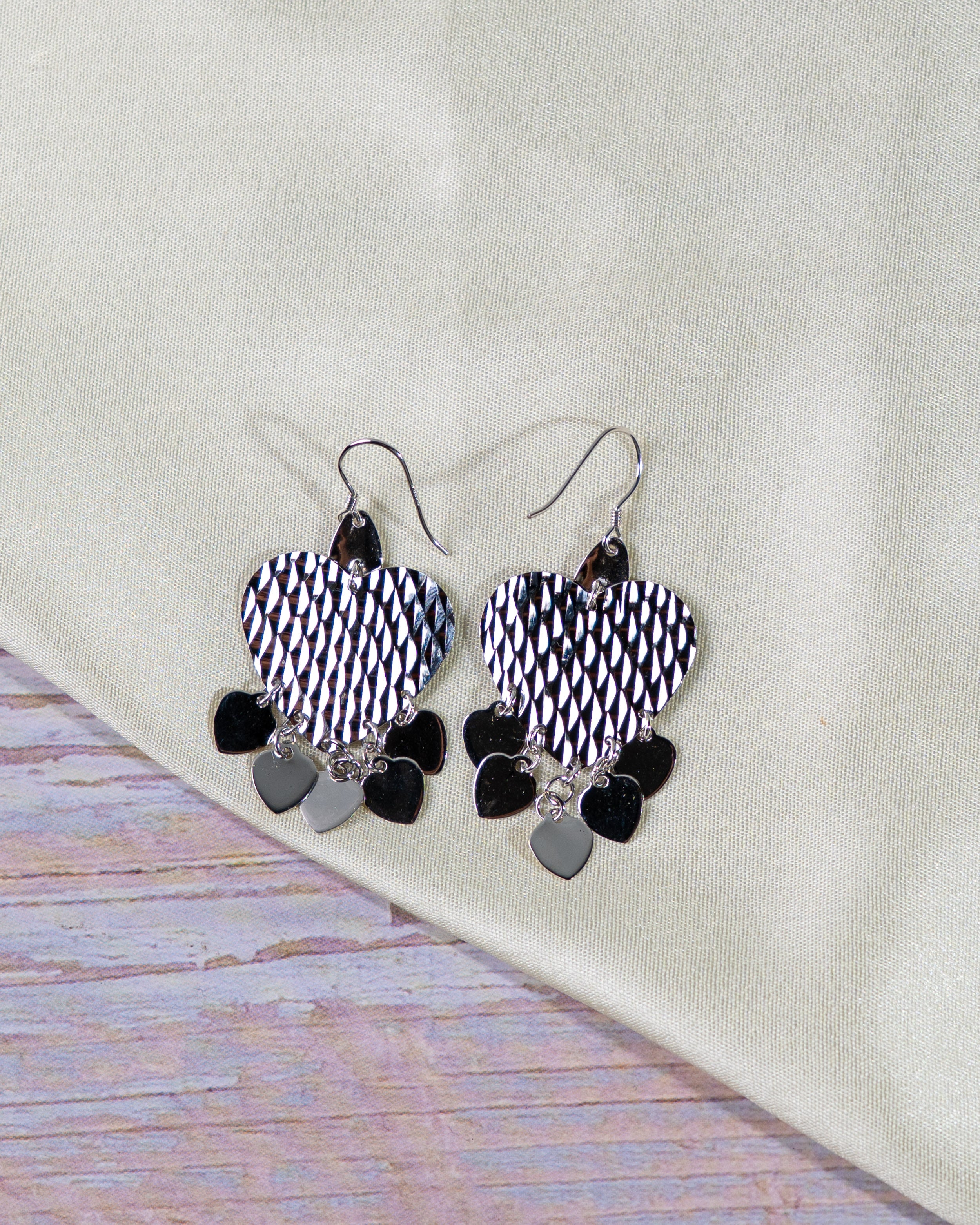 Textured Sterling Silver Heart Dangle Earrings – Layered Charm Statement Jewelry
