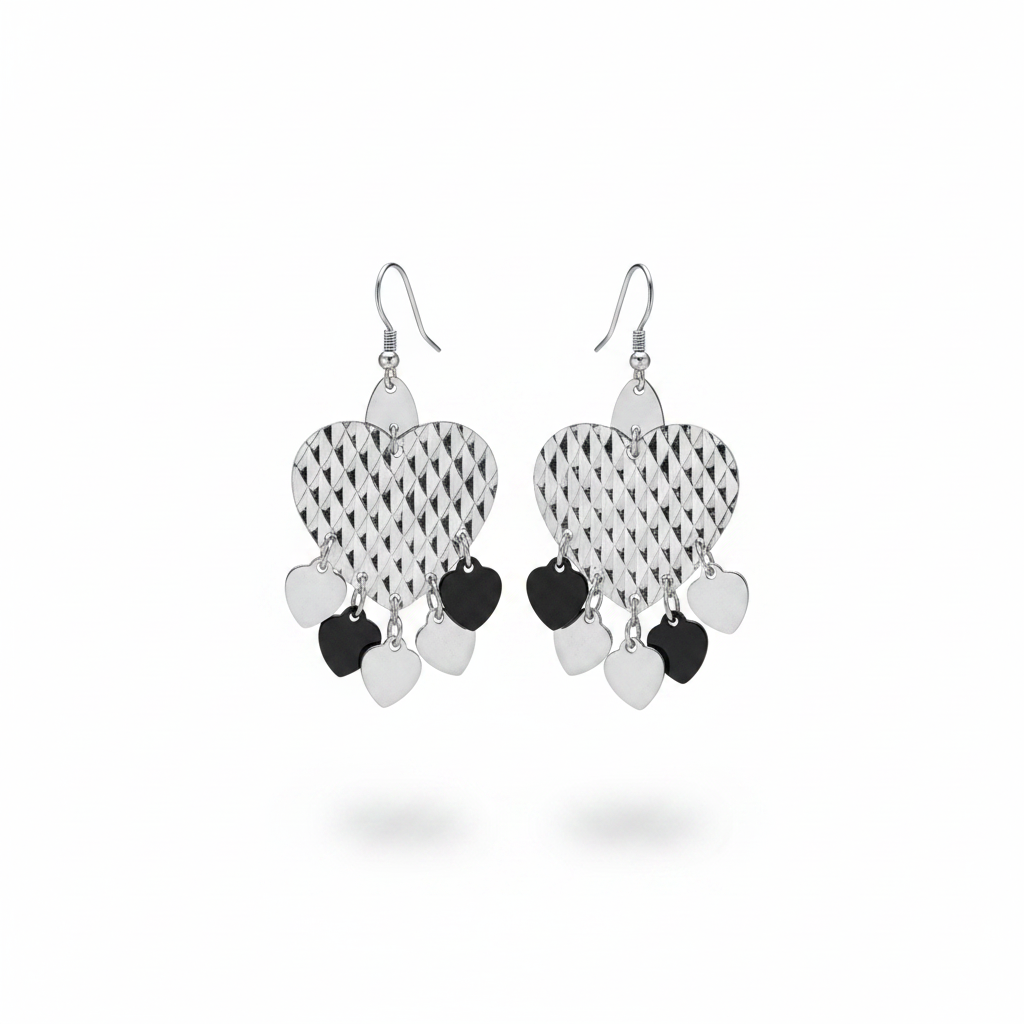 Textured Sterling Silver Heart Dangle Earrings – Layered Charm Statement Jewelry