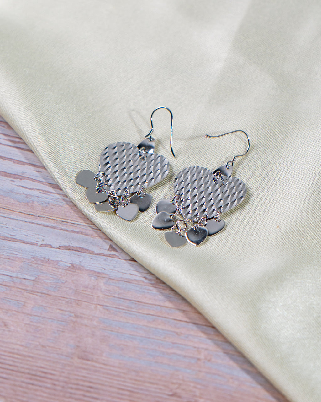Textured Sterling Silver Heart Dangle Earrings – Layered Charm Statement Jewelry