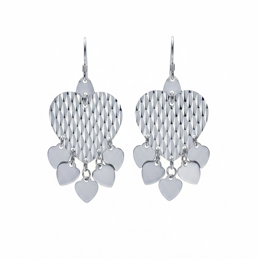 Textured Silver Heart Dangle Earrings: Mixed Metal Romantic Jewelry