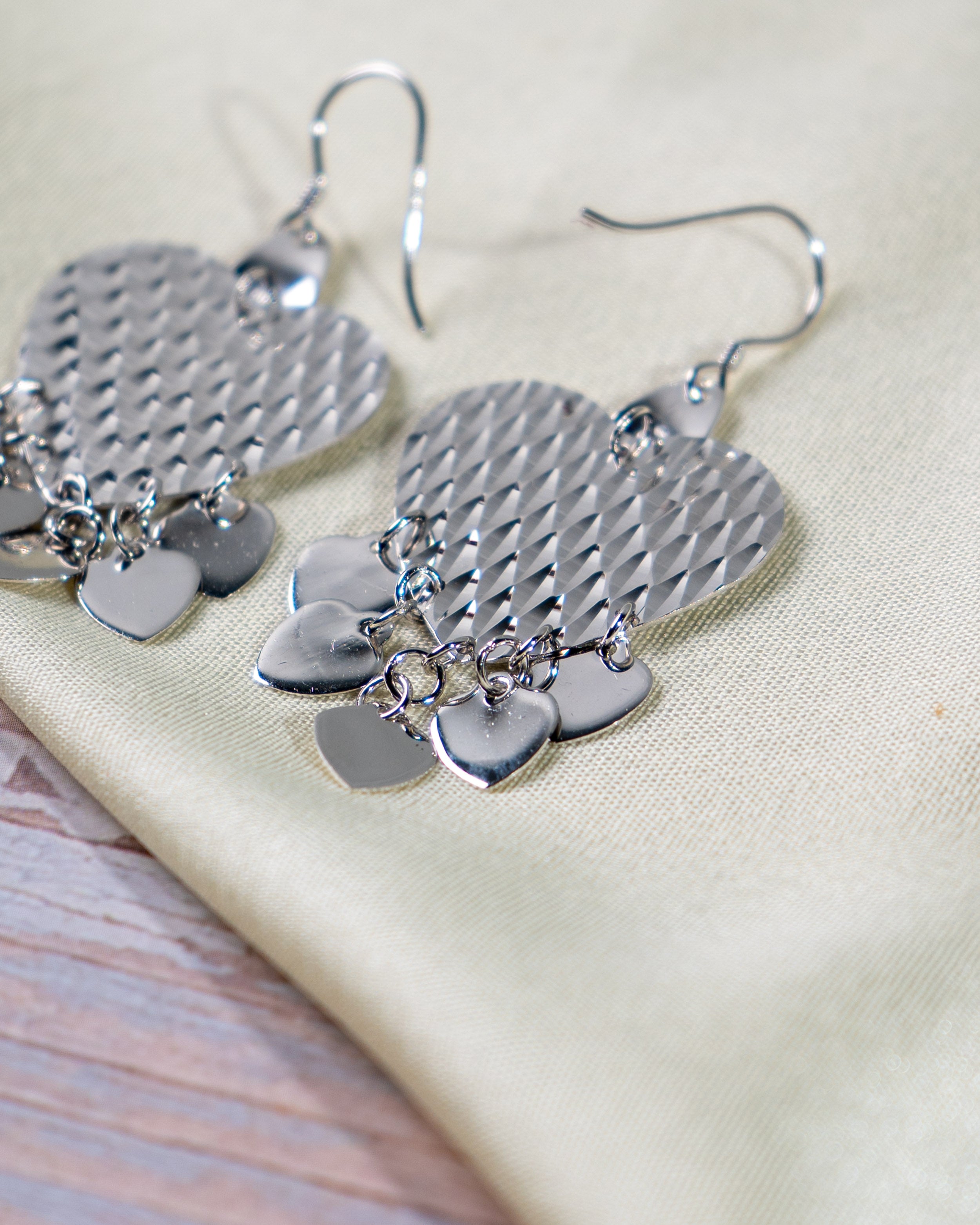 Textured Sterling Silver Heart Dangle Earrings – Layered Charm Statement Jewelry