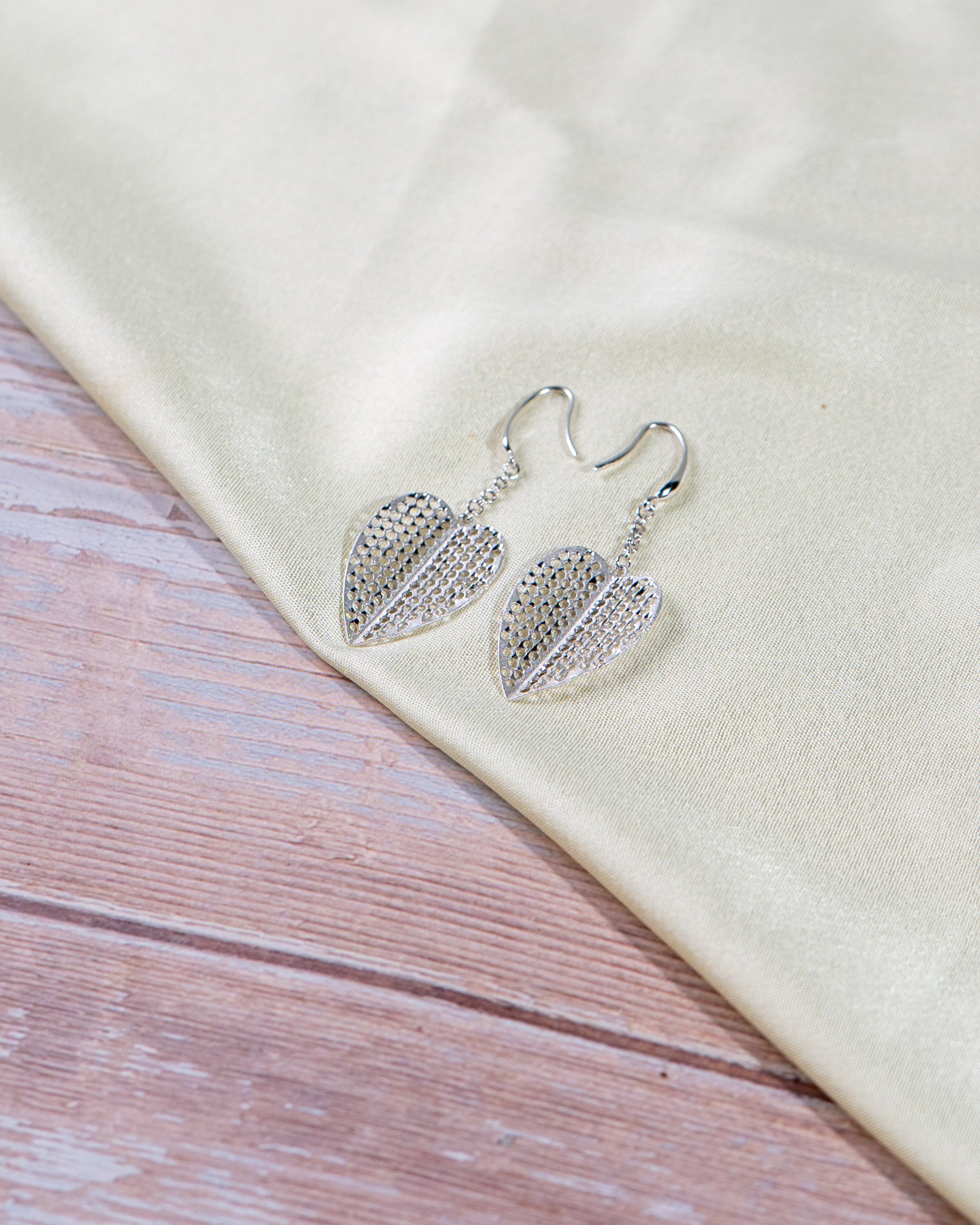 Sterling Silver Leaf Dangle Earrings | Textured Heart Leaf Drops | Minimalist Boho Jewelry for Women