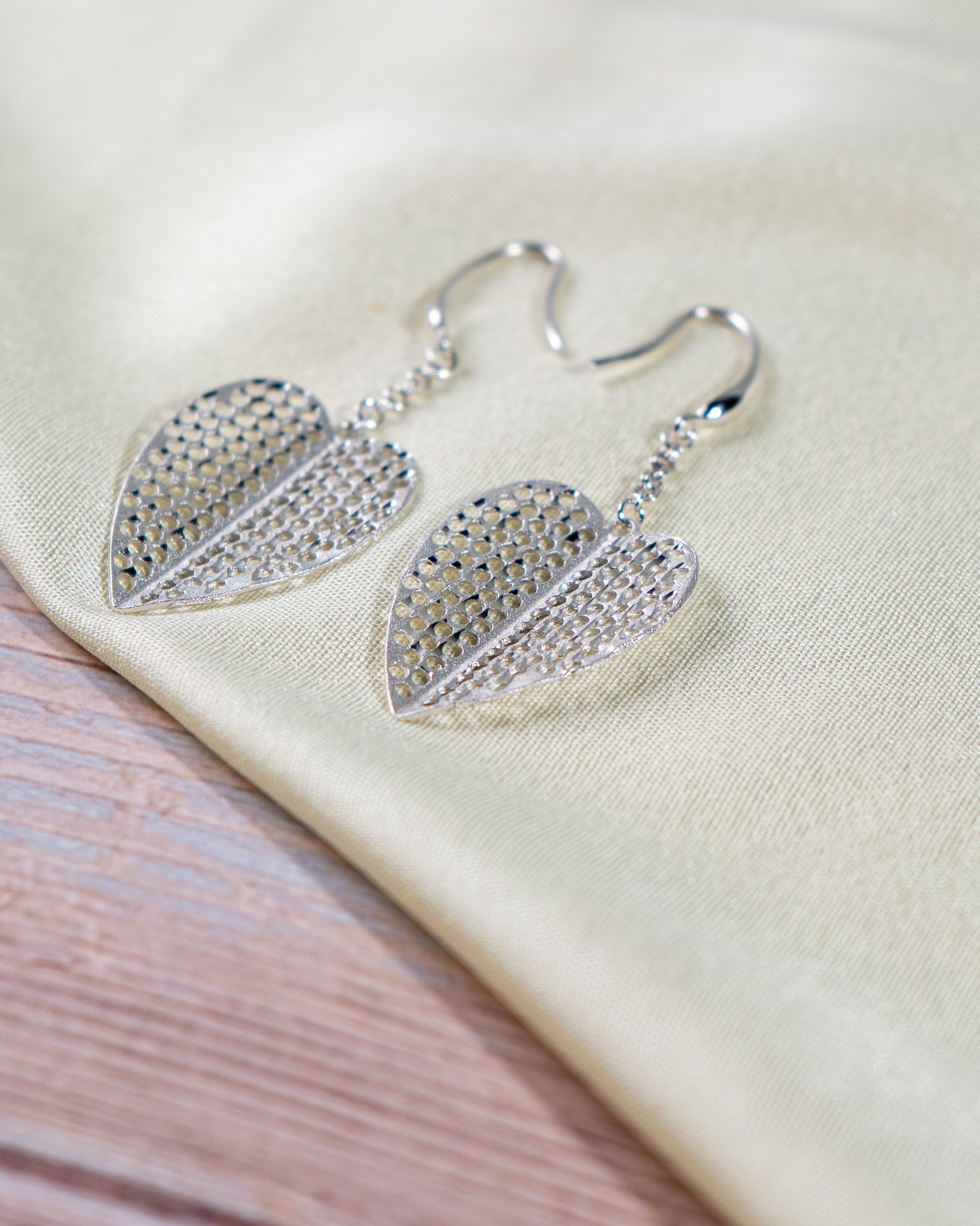 Sterling Silver Leaf Dangle Earrings | Textured Heart Leaf Drops | Minimalist Boho Jewelry for Women