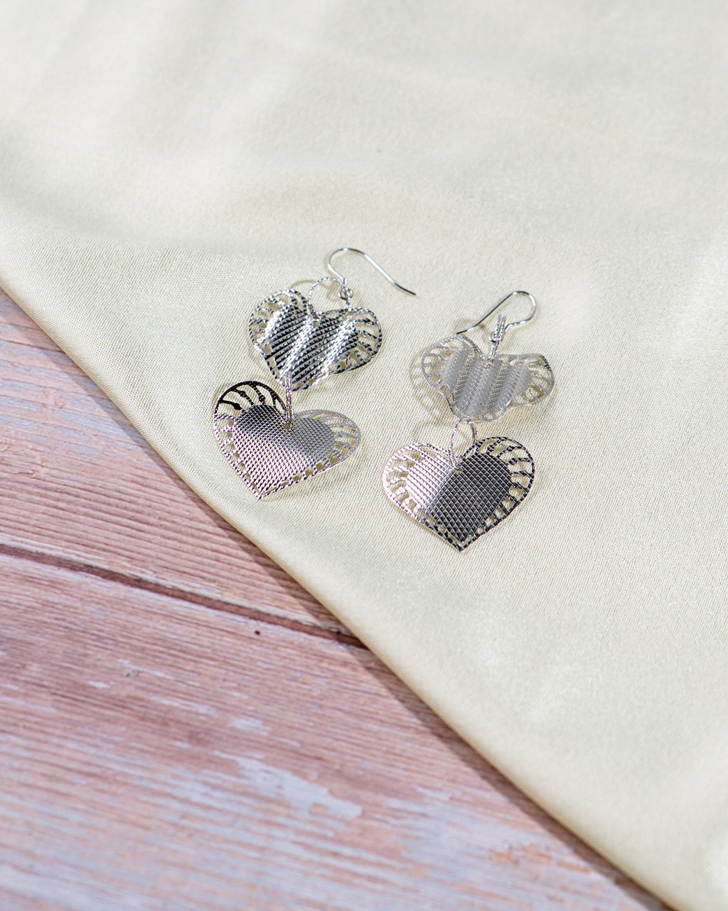 Handmade Double Heart Sterling Silver Dangle Earrings, Romantic Textured Love Jewelry