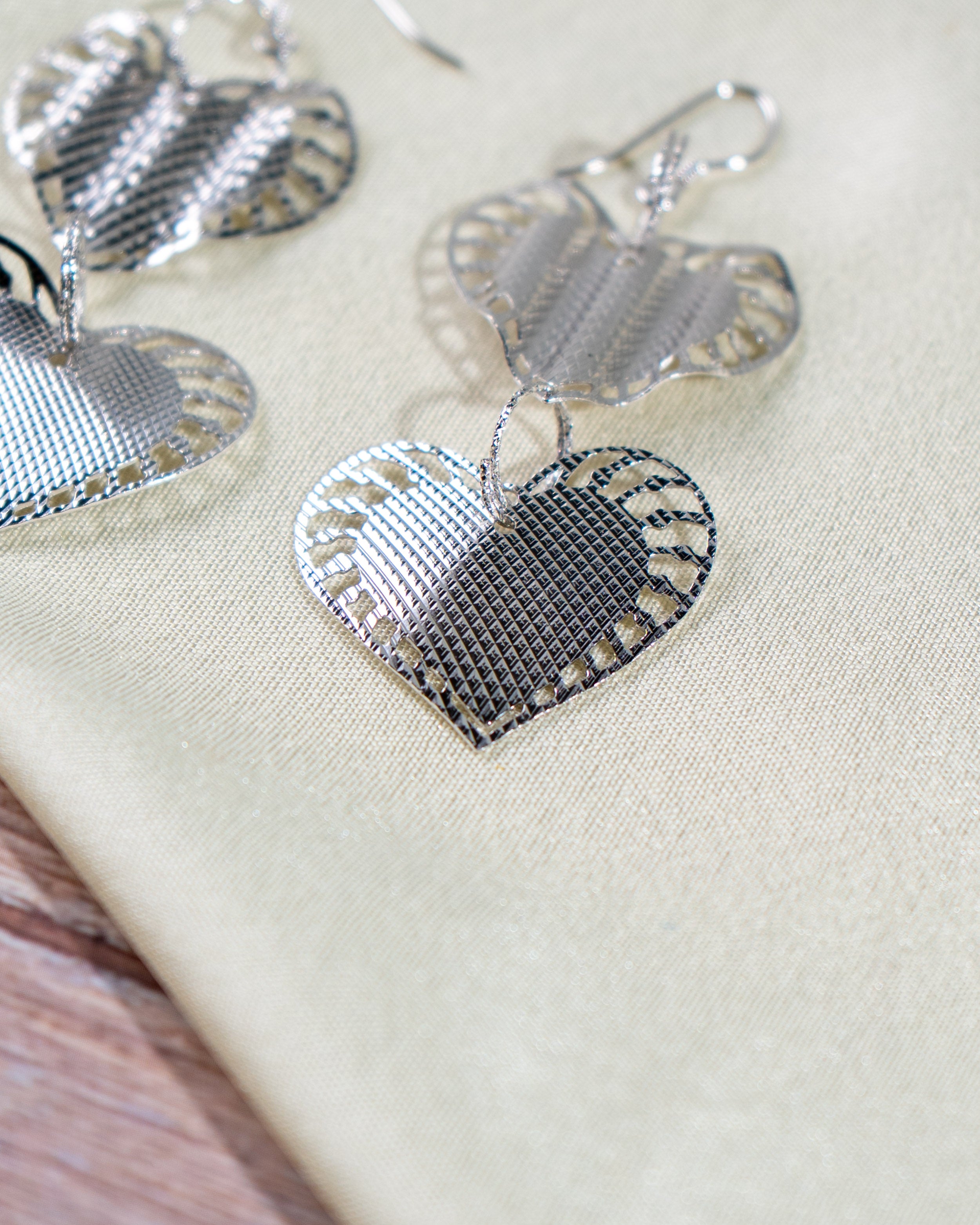Handmade Double Heart Sterling Silver Dangle Earrings, Romantic Textured Love Jewelry