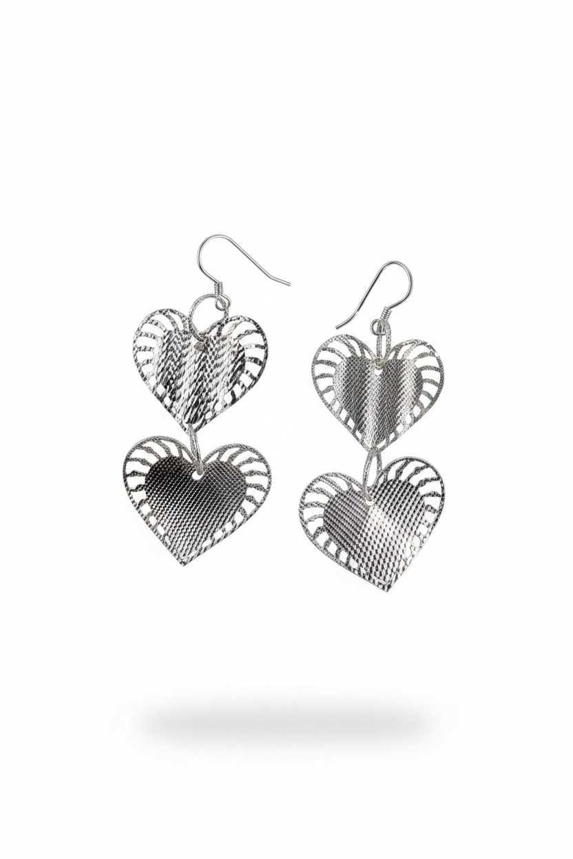 Silver Heart Dangle Earrings: Lightweight Double Drop Statement Jewelry