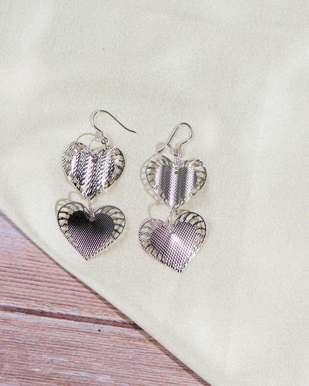 Handmade Double Heart Sterling Silver Dangle Earrings, Romantic Textured Love Jewelry