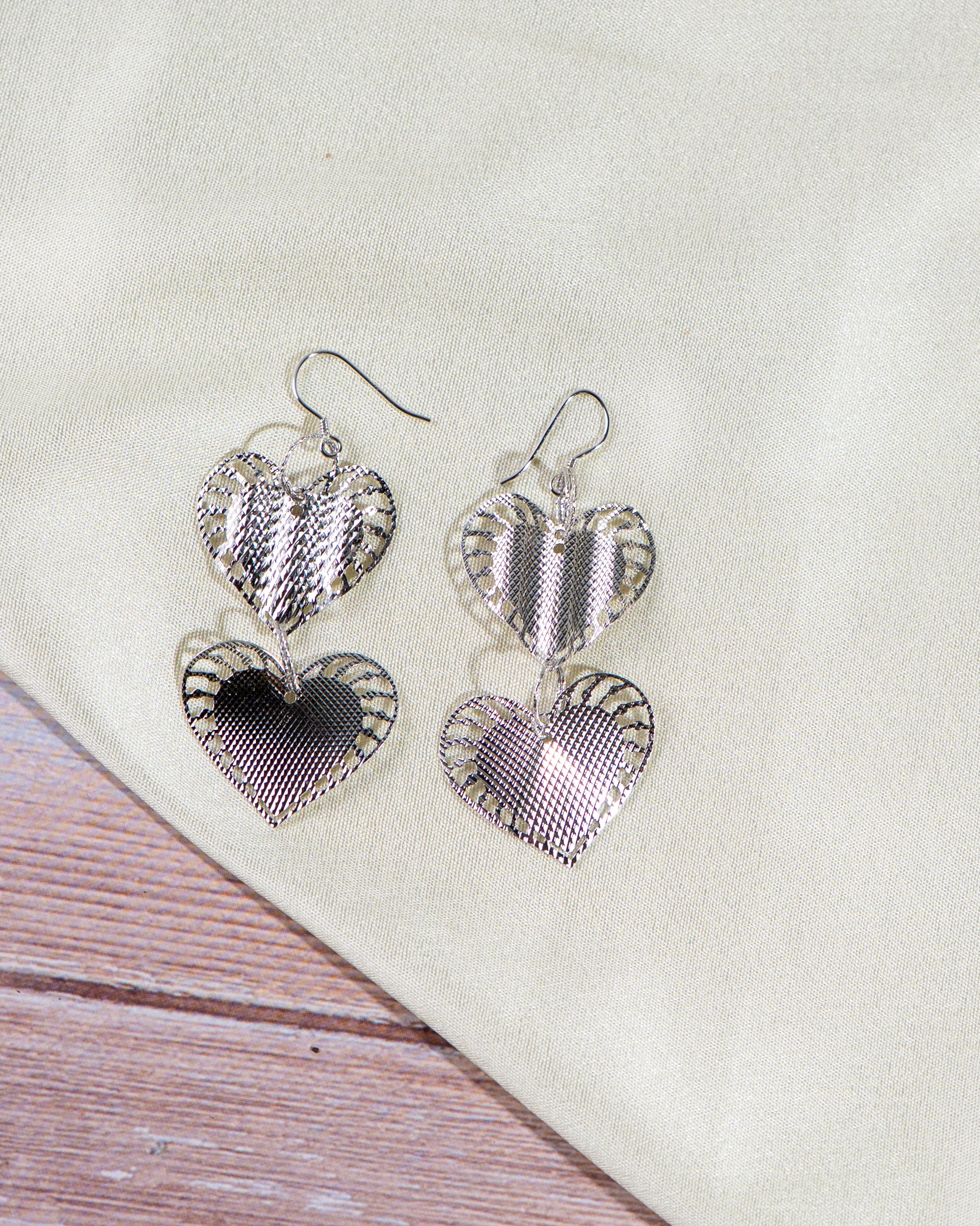Handmade Double Heart Sterling Silver Dangle Earrings, Romantic Textured Love Jewelry