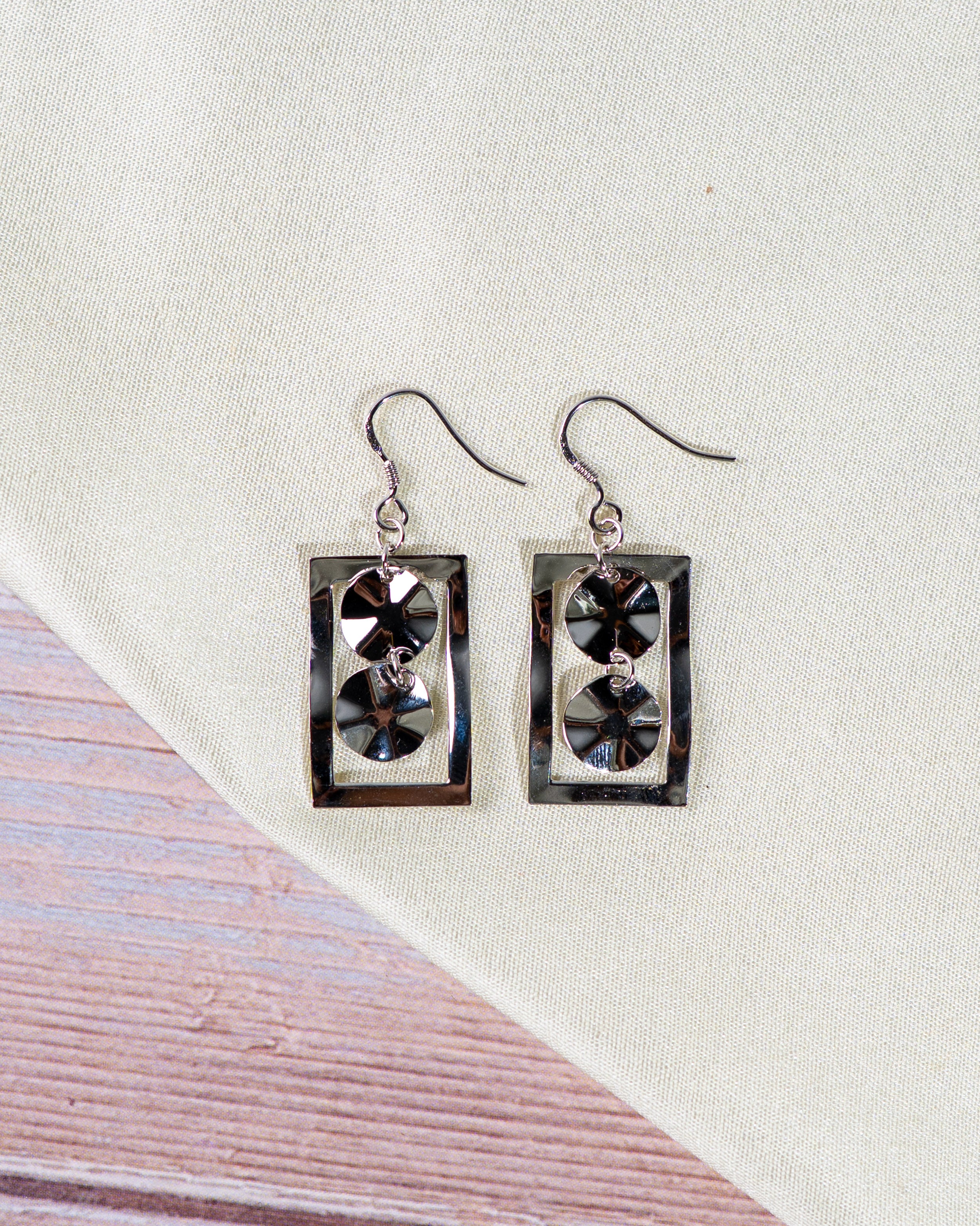 Elegant Geometric Rectangle Dangle Earrings with Black Faceted Crystals | Modern Minimalist Silver Drop Jewelry