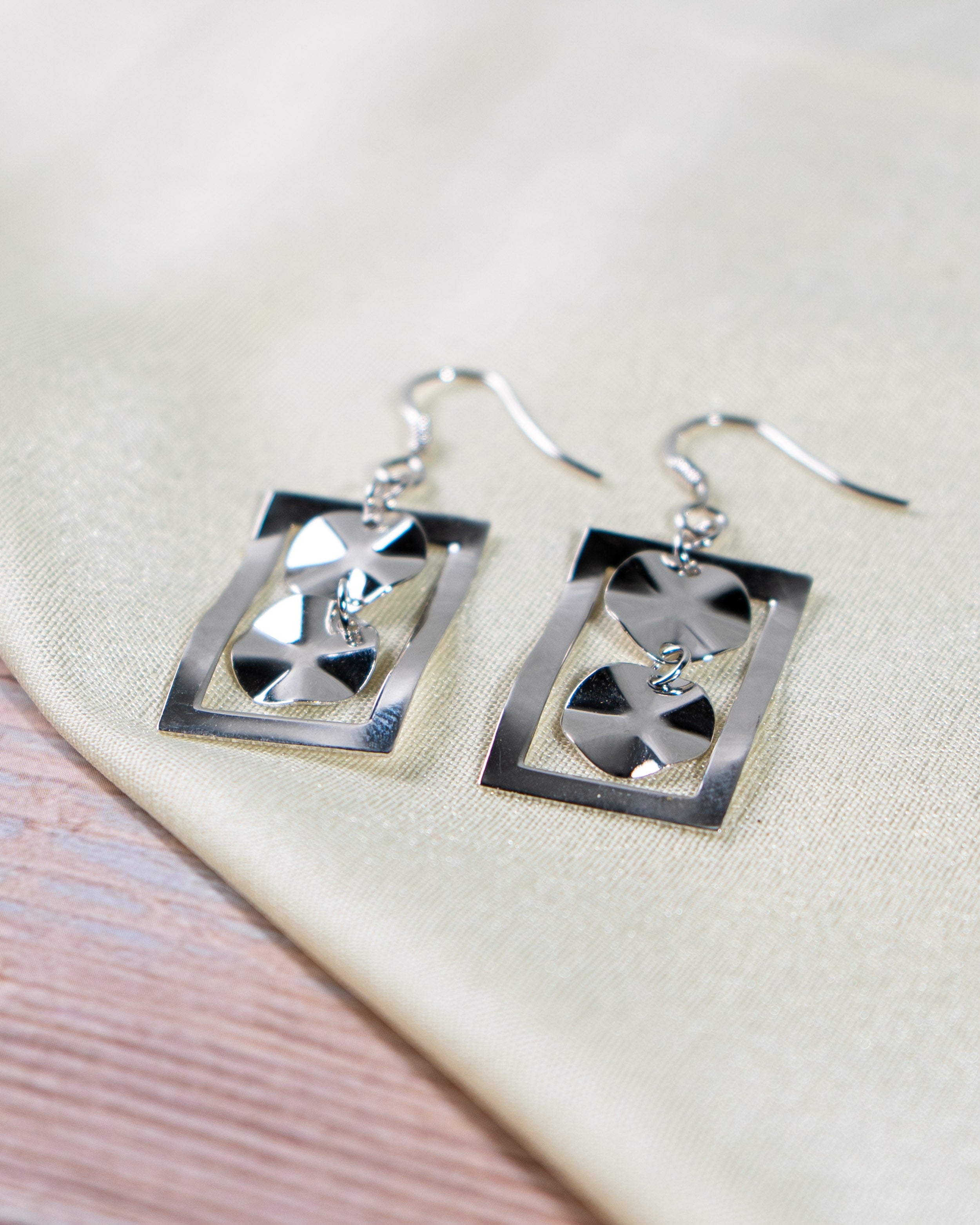 Elegant Geometric Rectangle Dangle Earrings with Black Faceted Crystals | Modern Minimalist Silver Drop Jewelry